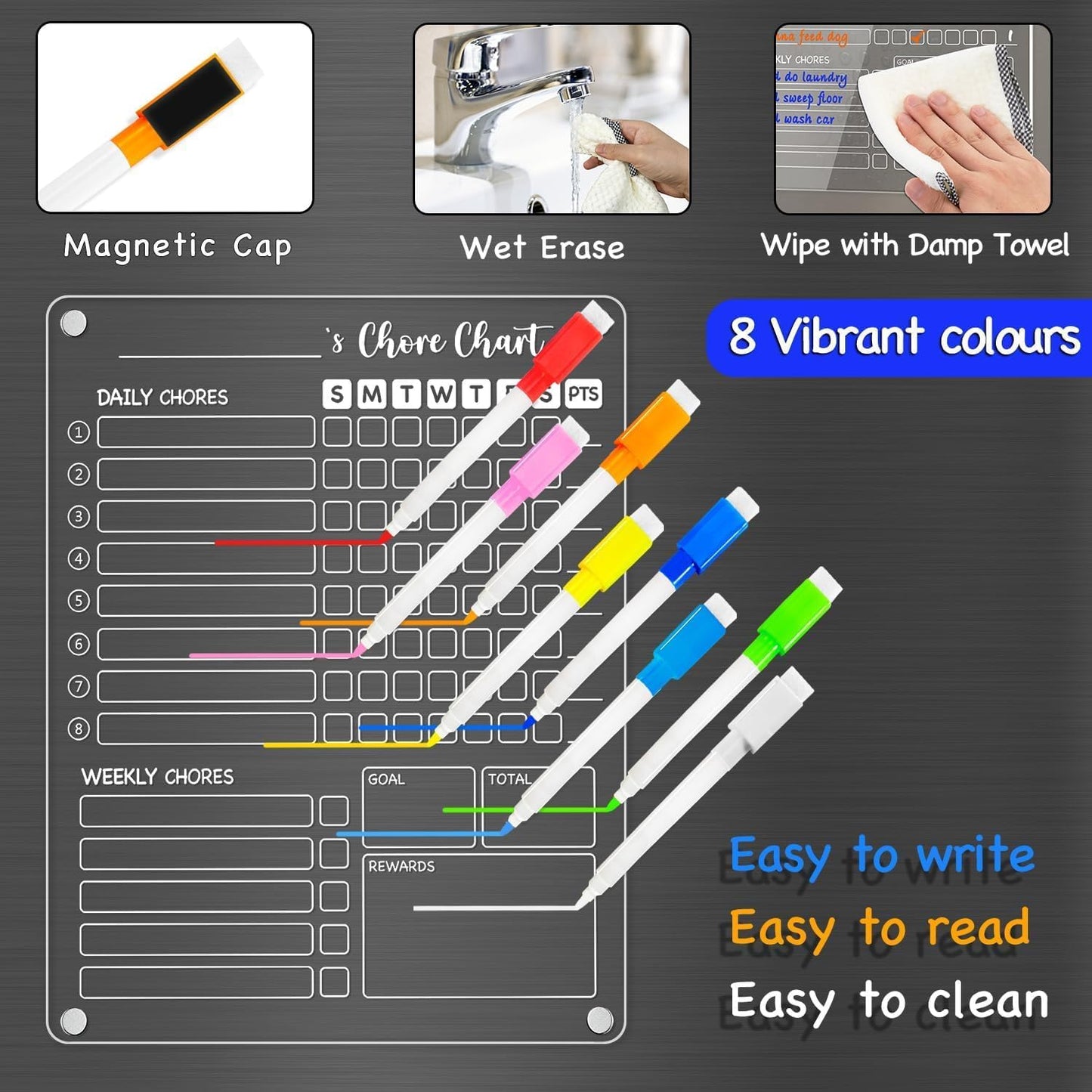 PigPotParty Acrylic Magnetic Chore Chart for Kids on Fridge – 9.5"x12" Daily & Weekly Dry Erase Chore Board with 8 Fine Tip Markers and 1 Towel – Responsibility Chart with Reward Point System