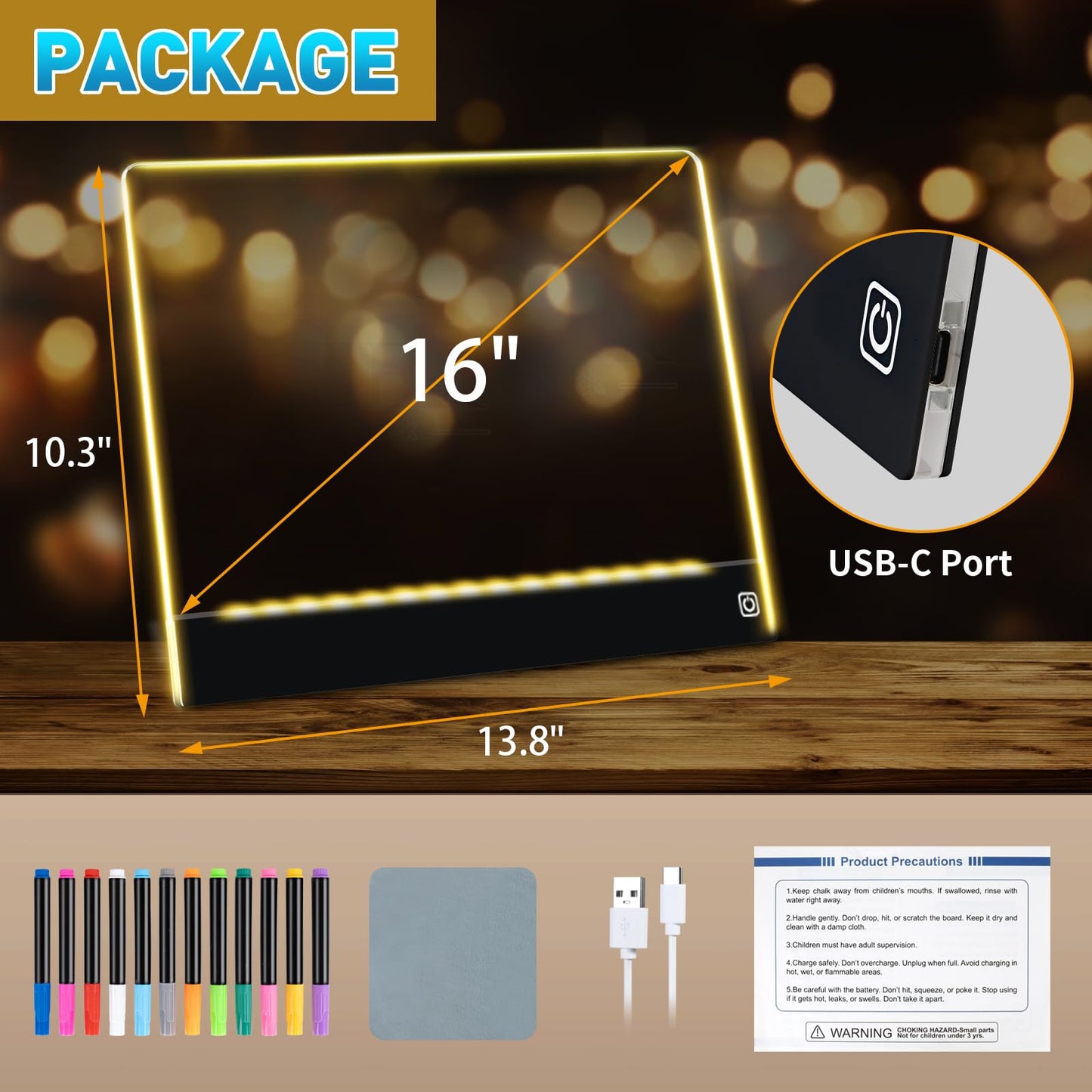 Rechargeable LED Drawing Board for Kids, 16" Light Up Acrylic Dry Erase Board, Lumi Board LED Note Board with Invisible Stand Glow Doodle Board Birthday Gifts for Kids Black