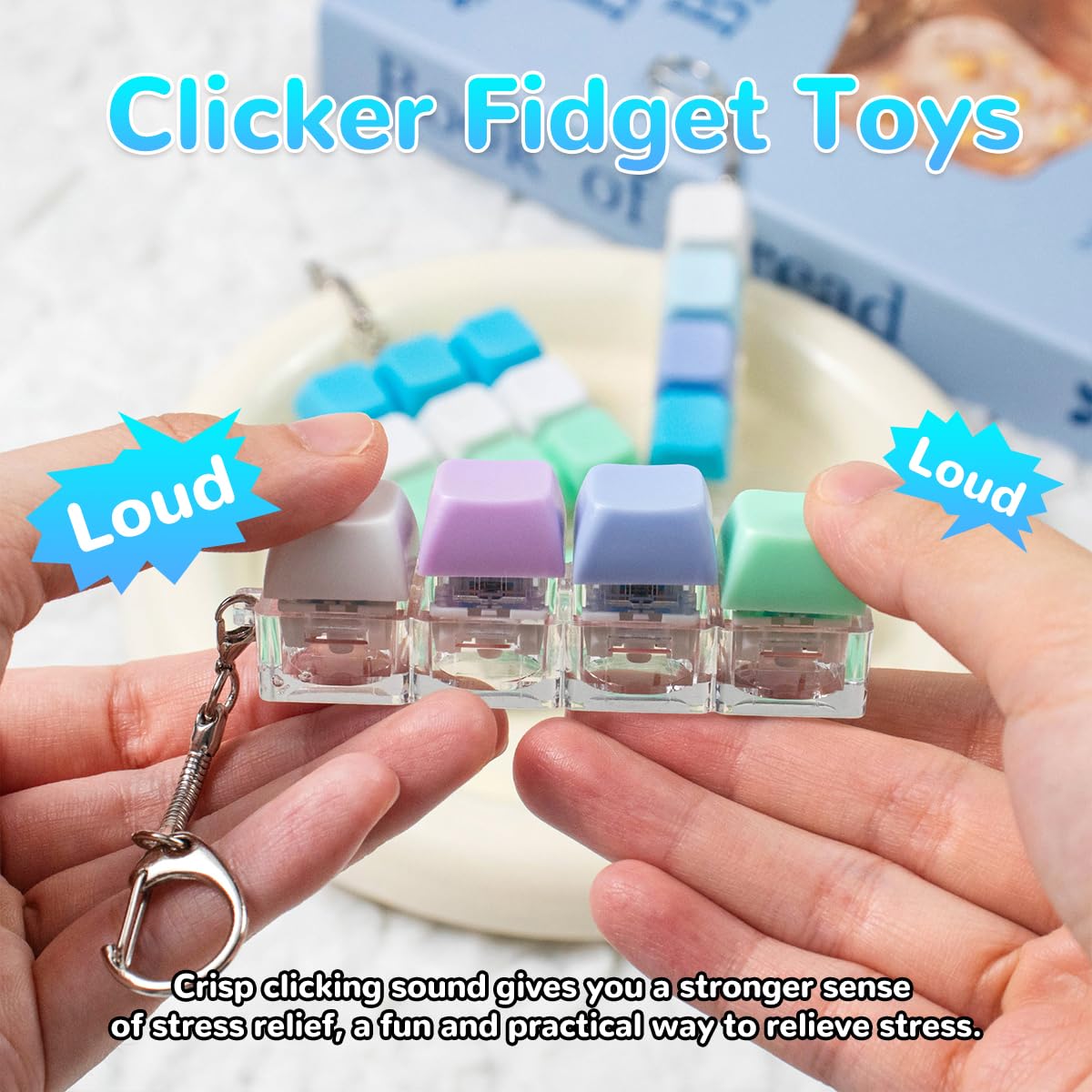 3 Pcs Keyboard Fidget Toy, Blue Green Fidget Keyboard Keychain 4-in-1 Loud Clicker Keyboard Fidget Toy Stress Relief, 9Key Fidget Clicker Toys for Anxiety Decompression (Green)