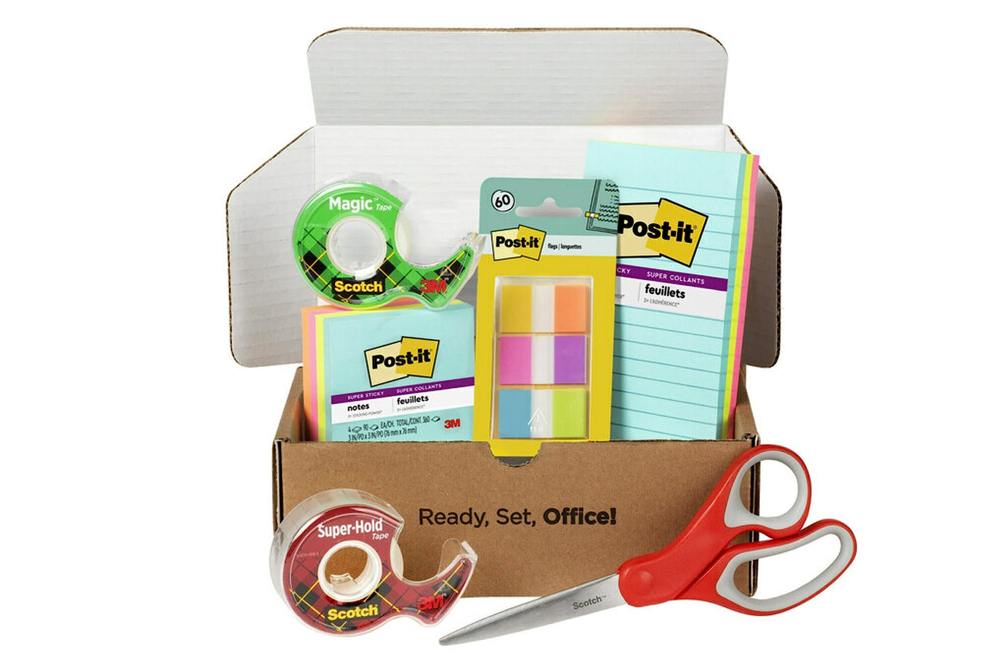 Scotch and Post-it brand office essentials kit, business and teacher supplies set with super sticky notes, super hold tape, magic tape, flags, sharp scissors, multicolor