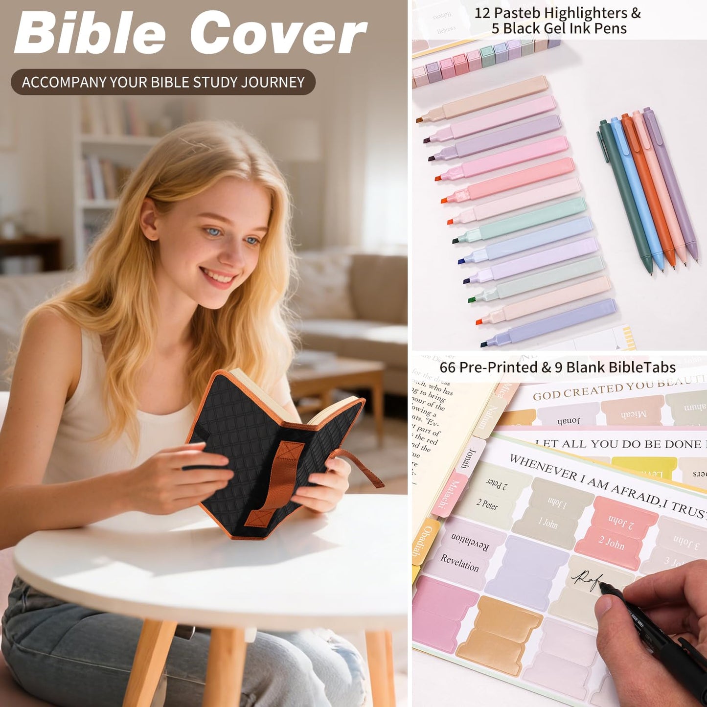 KOPKOFT Large Bible Cover Case for Women, Quilted Church Tote Bag with Shoulder Strap, Bible Study Supplies Journaling Kit Bible Accessories, Christmas Christian Gift for Women (Black)
