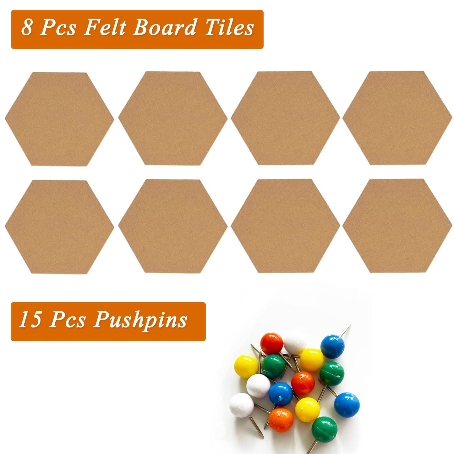 HULAVO 8Pcs Hexagon Felt Cork Board Tiles, Self Adhesive DIY Bulletin Board Pin Board for Office School Home Wall Decor Stickers Memos Photos Display (Deep Camel)