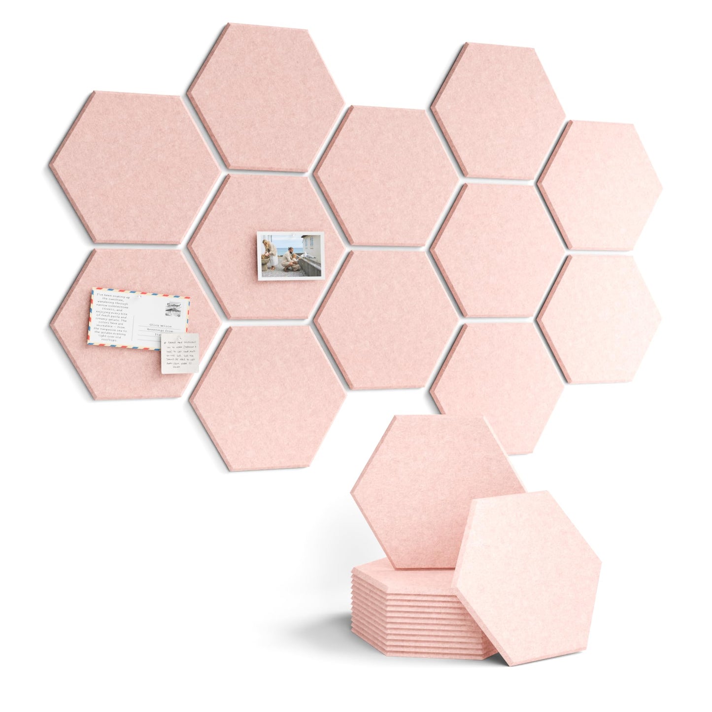 Fluxynara Hexagon Cork Board Alternative for Walls Decor-12-Pack Felt Bulletin Board Tiles,with 30 Pushpins,70 Adhesive Tabs for Office,Classrooms & Home Pin Board Felt Board-Pink