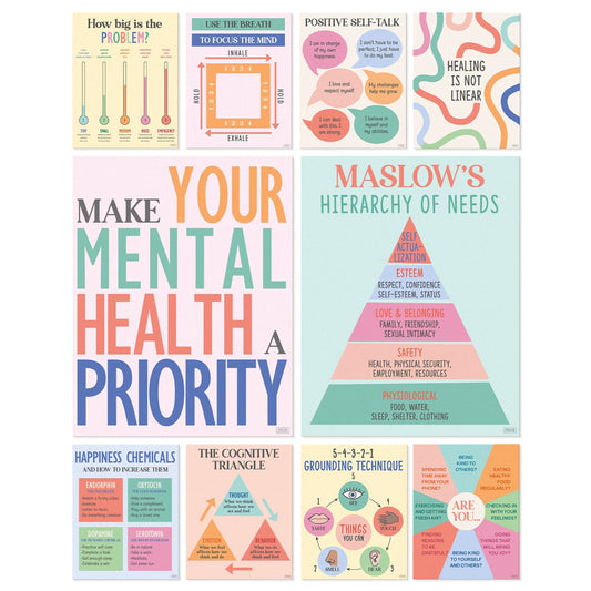 S&O Mental Health Posters for Office & School - Therapy Office Decor - Counseling and Awareness Wall Art Decorations - Growth Mindset Inspirational Quotes - Classroom Academy Counselor Supplies - 10PC