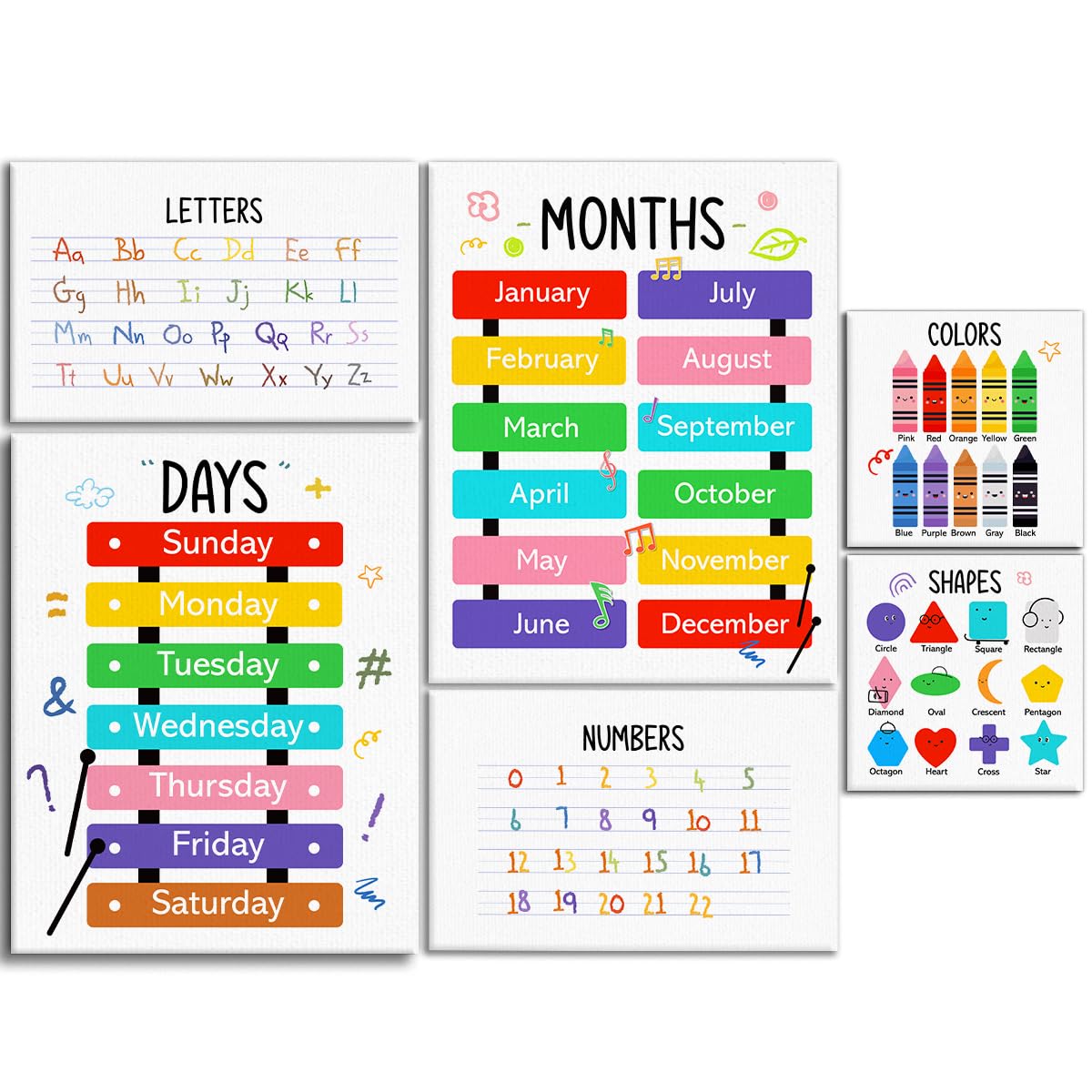 Colourful Alphabet Educational Wall Decor,Abc Chart Number Chart Educational Wall Art Canvas Frame Poster Print for Classroom Homeschool Nursery Wall Decor Set of 6