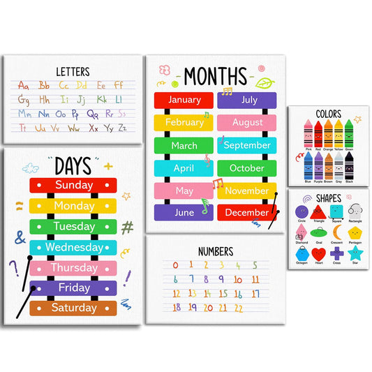 Colourful Alphabet Educational Wall Decor,Abc Chart Number Chart Educational Wall Art Canvas Frame Poster Print for Classroom Homeschool Nursery Wall Decor Set of 6