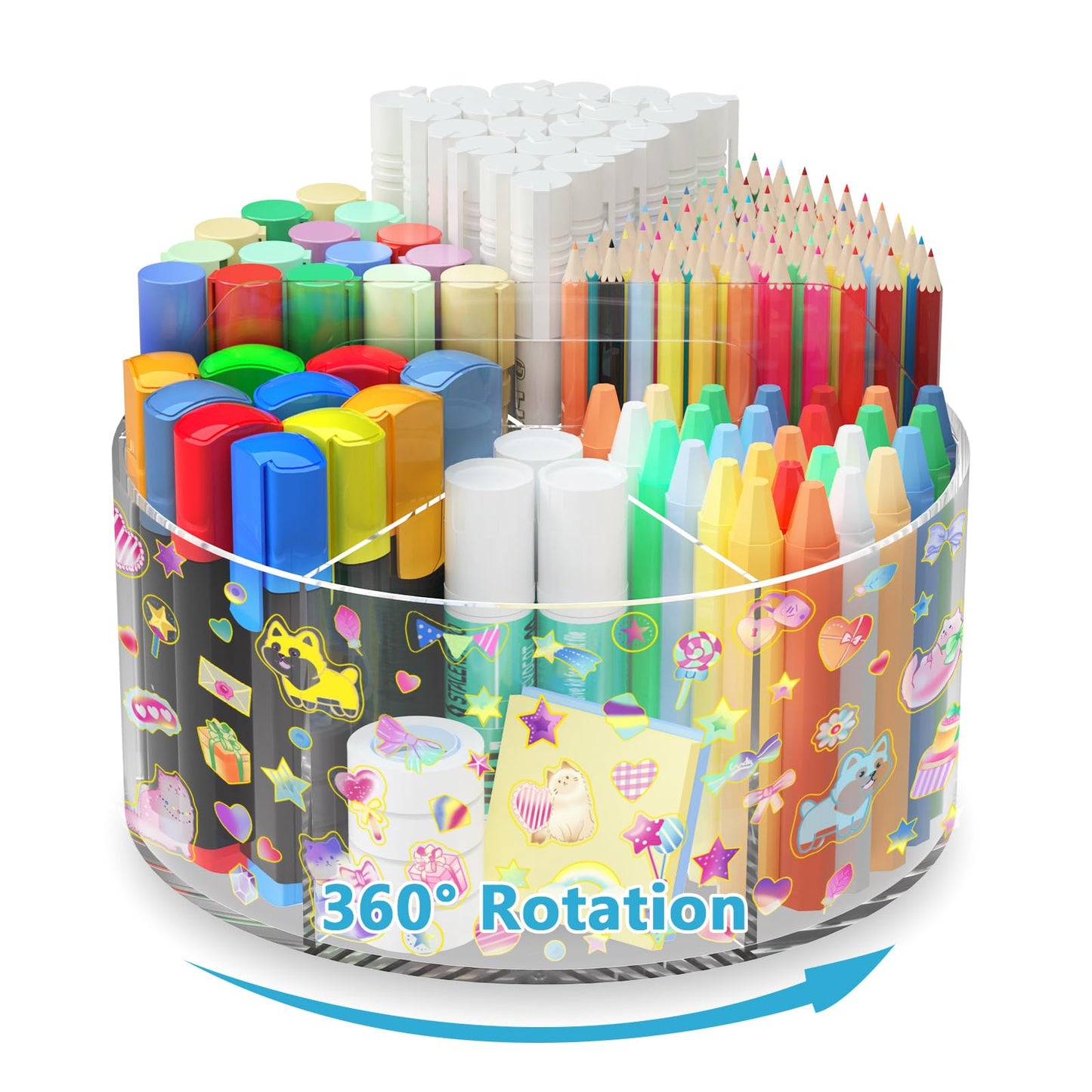 Acrylic Pen Holder with 2 Adhesive DIY Stickers, Desk Organizer Marker Holder with Cute Sticker, 360 Degree Office Supply Organizer Clear Pencil Holder Kid Art Supply Storage Organizer 6 Compartments