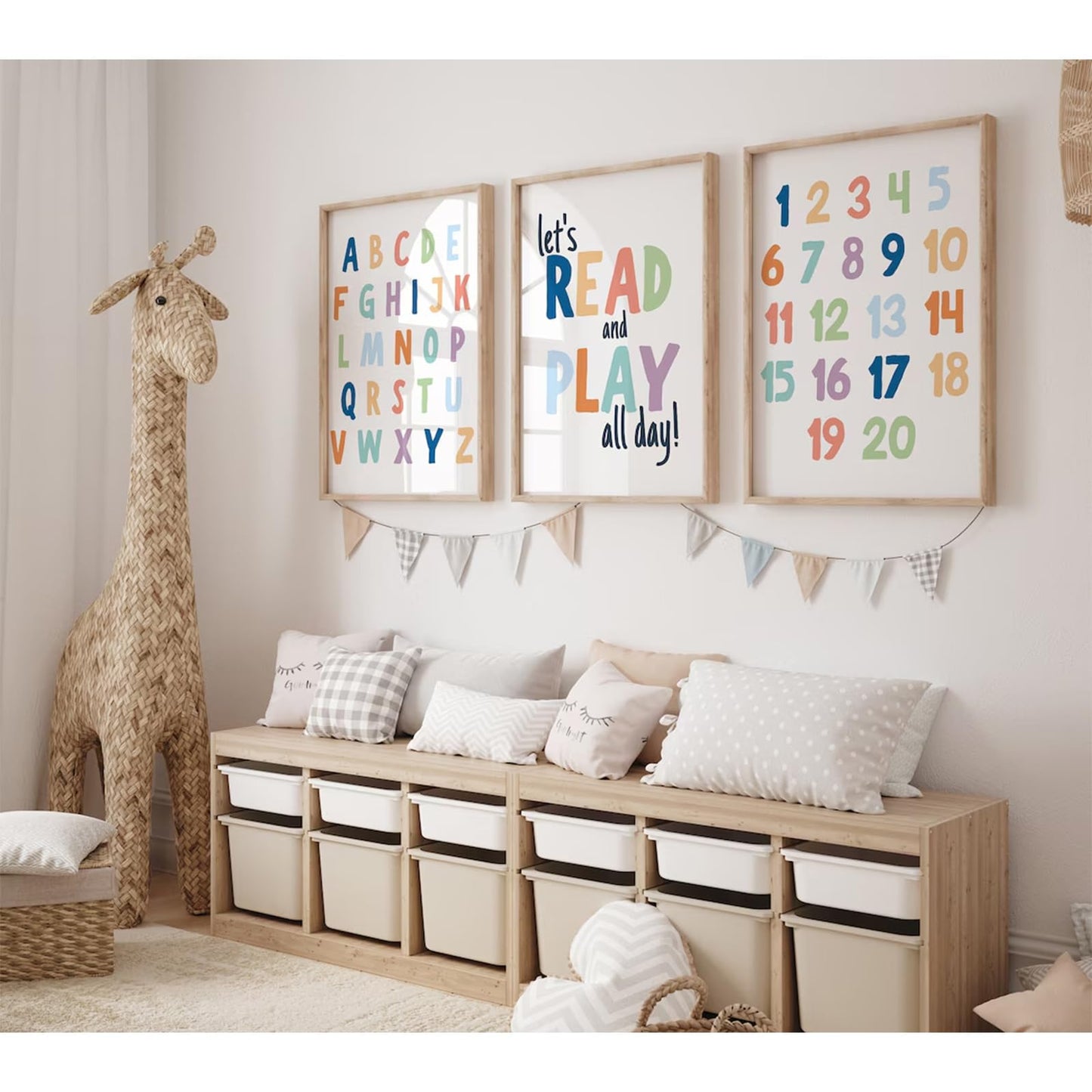 Pennclys Kids Playroom Wall Art Decor Alphabet Poster Play Room Canvas Wall Decor ABC Nursery Wall Art 123 Toddler Poster Let's Read for Boy Girl Room 12x16 Inch Unframed Set of 3