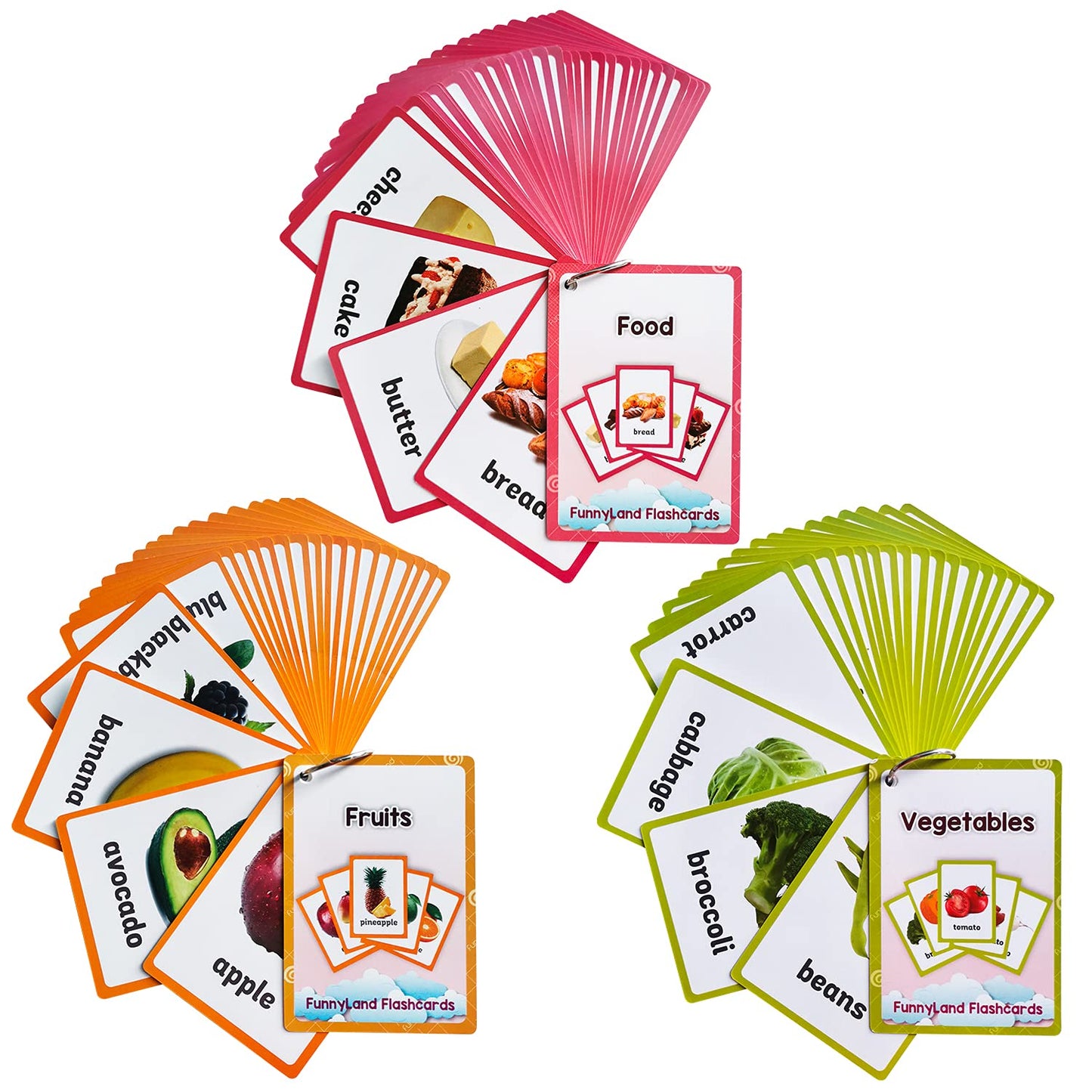 Lilias Fruits Vegetable Food Flash Cards, English Words Learning Pocket Card for Toddlers, Toddler Learning Toys, Learning Supplies for Kindergarten Preschool, 3 Themes Set, (WC003,004,005)