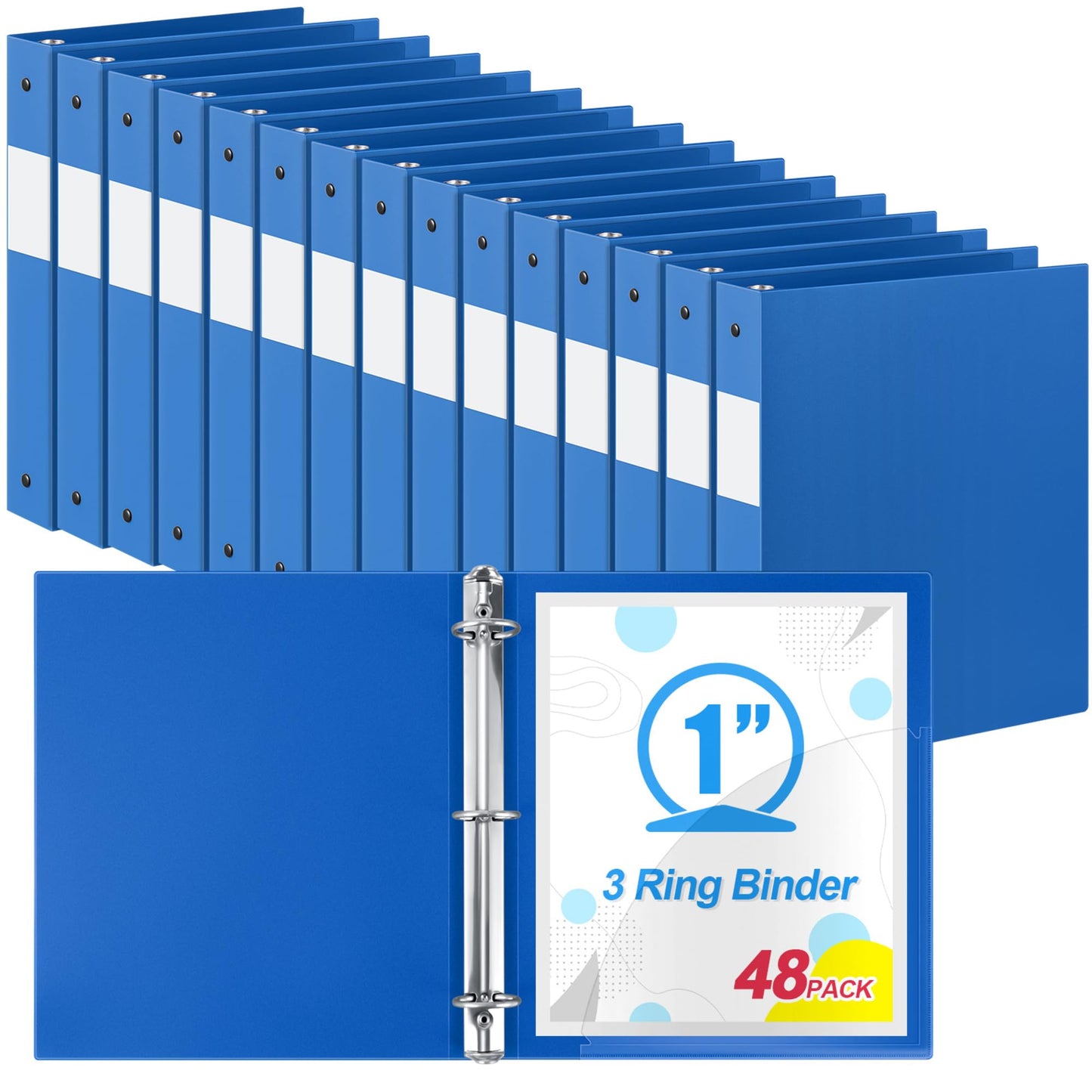 Henoyso 48 Pack 1 Inch 3 Ring Plastic Binders, Bulk Flexible PP Binders for Classroom & School Supplies, Letter Size 8.5 x 11, Holds 240 Sheets with Interior Pocket (Blue)