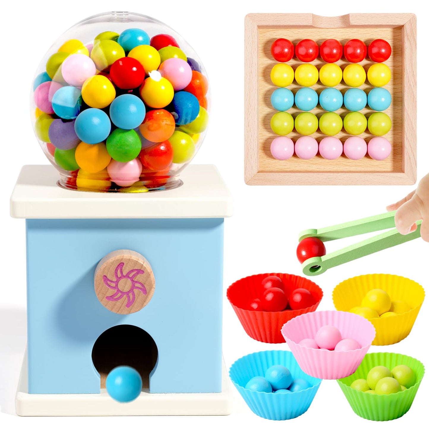 QimuMku 9.6" Wooden Gumball Machine Counting Montessori Toys for 3 4 5 Years Old Boys Girls, Toddler Preschool Learning Activities Toy for Kids Ages 4-8, Birthday Gifts Sensory Toys