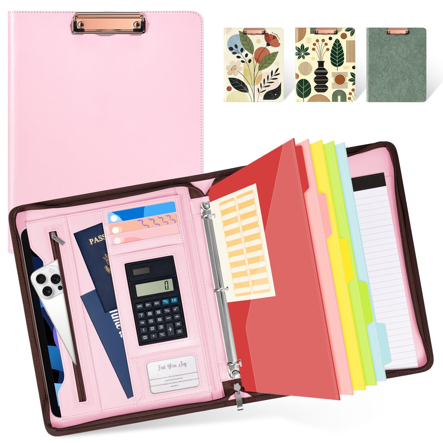 Ospelelf Pink Leather Portfolio Binder 3 Ring, Zippered Clipboard Folder with Storage - 5 Dividers with Pocket, Padfolio for Women,12.1” Tablet Sleeve, Refillable Notepad, Card Slot