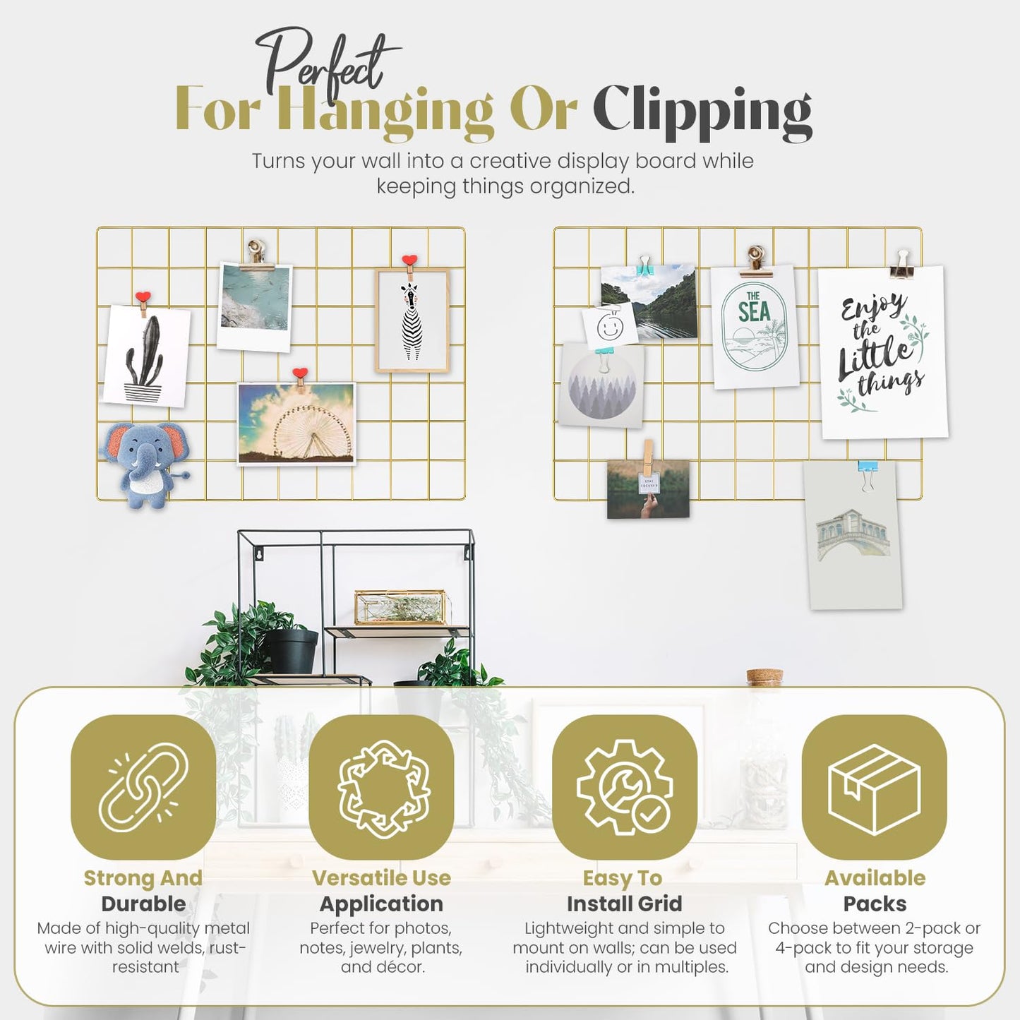 CIKLCIX Wire Grid Wall Panel for Photo Display, 2 Pack Metal Wire Memo Board, Decorative Grid Frame Wall for Hanging Pictures, Notes, Postcards, Small Ornaments (2, Gold)