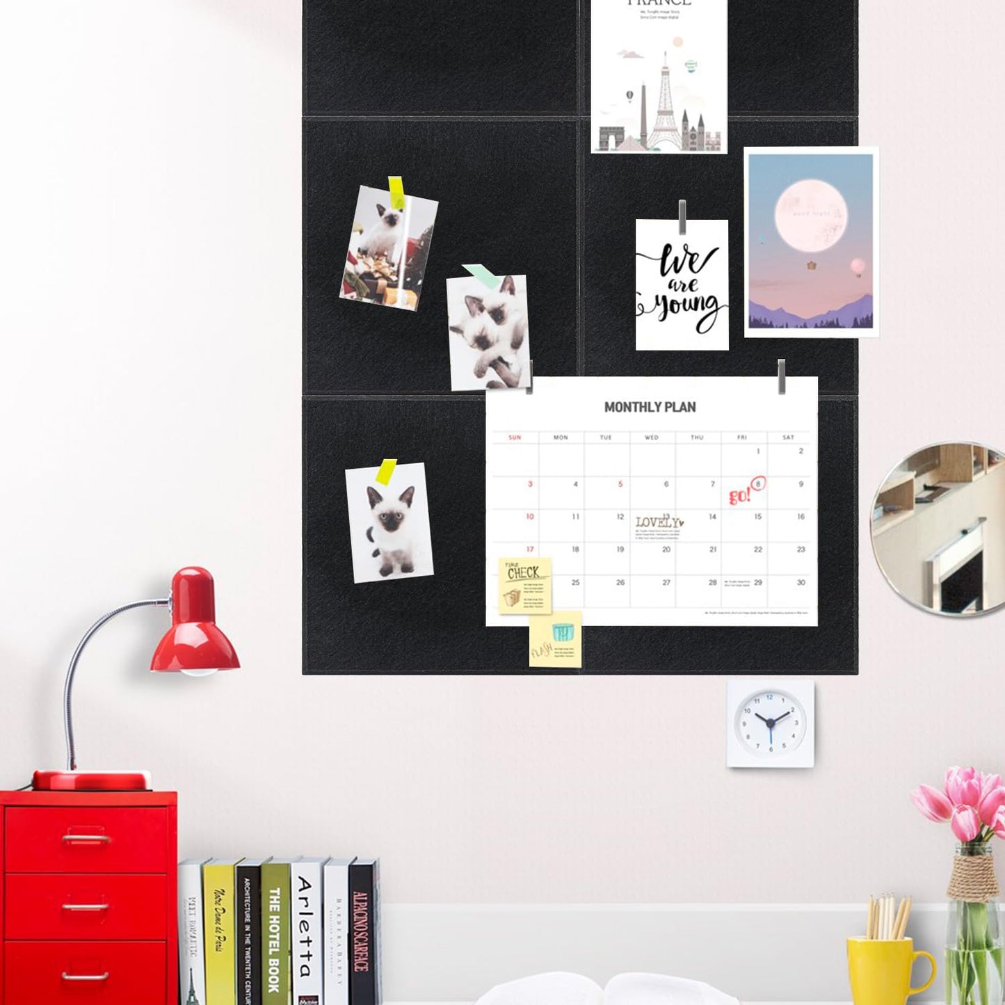 Geytetqi 12 Pack 12" x 12" Felt Boards, Black Square Felt Wall Tiles, Self-Adhesive Cork Bulletin Board for Home, Office, and Kitchen Decor(1/2 Inch Thickness)
