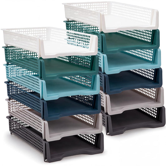Geetery Set of 12 Plastic Trays for Teachers Turn in Trays Classroom Stackable Paper Tray Plastic Classroom Teachers Desk Letter Organizer Storage Baskets for Office, Desk, Home (Morandi Color)