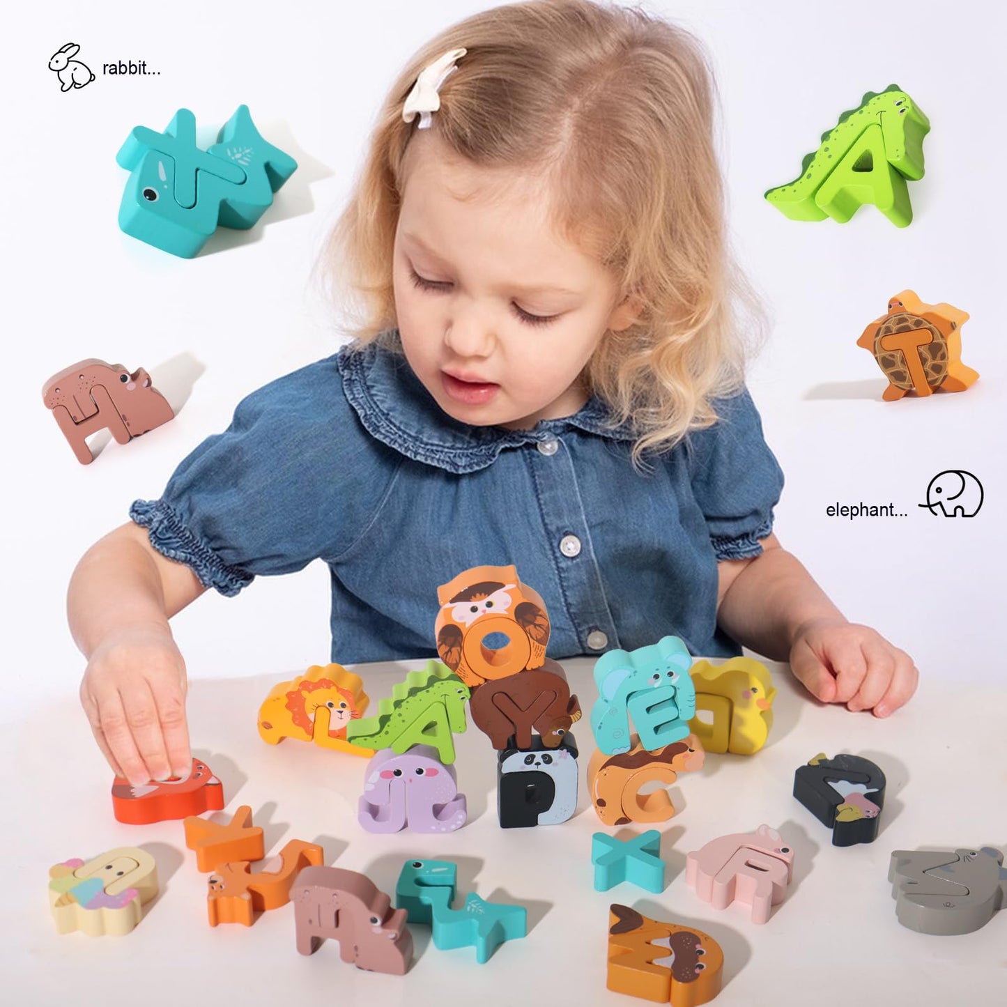 52 Pieces Matching Game, Wooden Alphabet Animal Puzzles for Toddlers, ABC Peg Puzzles for Kids Ages 3-5, Preschool Learning Activities Toys