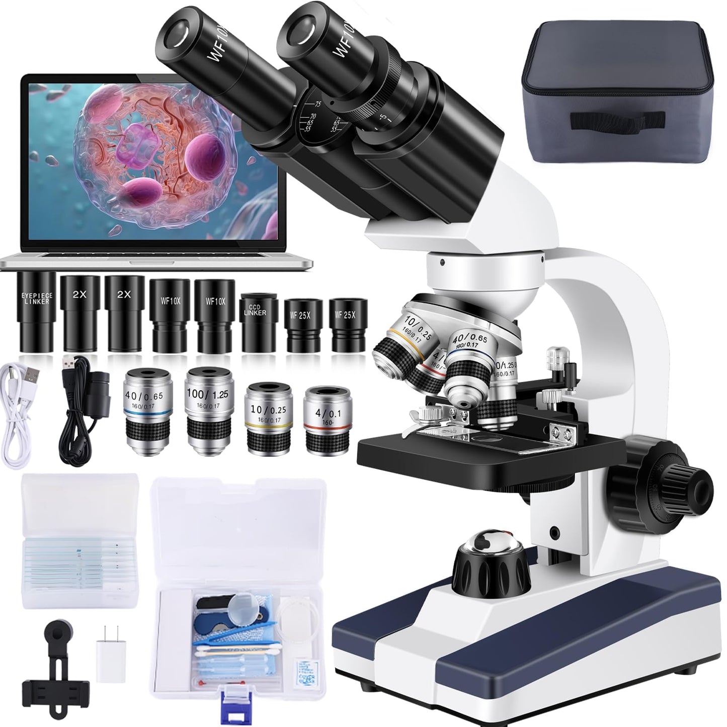 Microscope for Adults WF10x and WF25x eyepieces Compound Microscope with Microscope Slides, Microscope Kit for Kids Students Home School