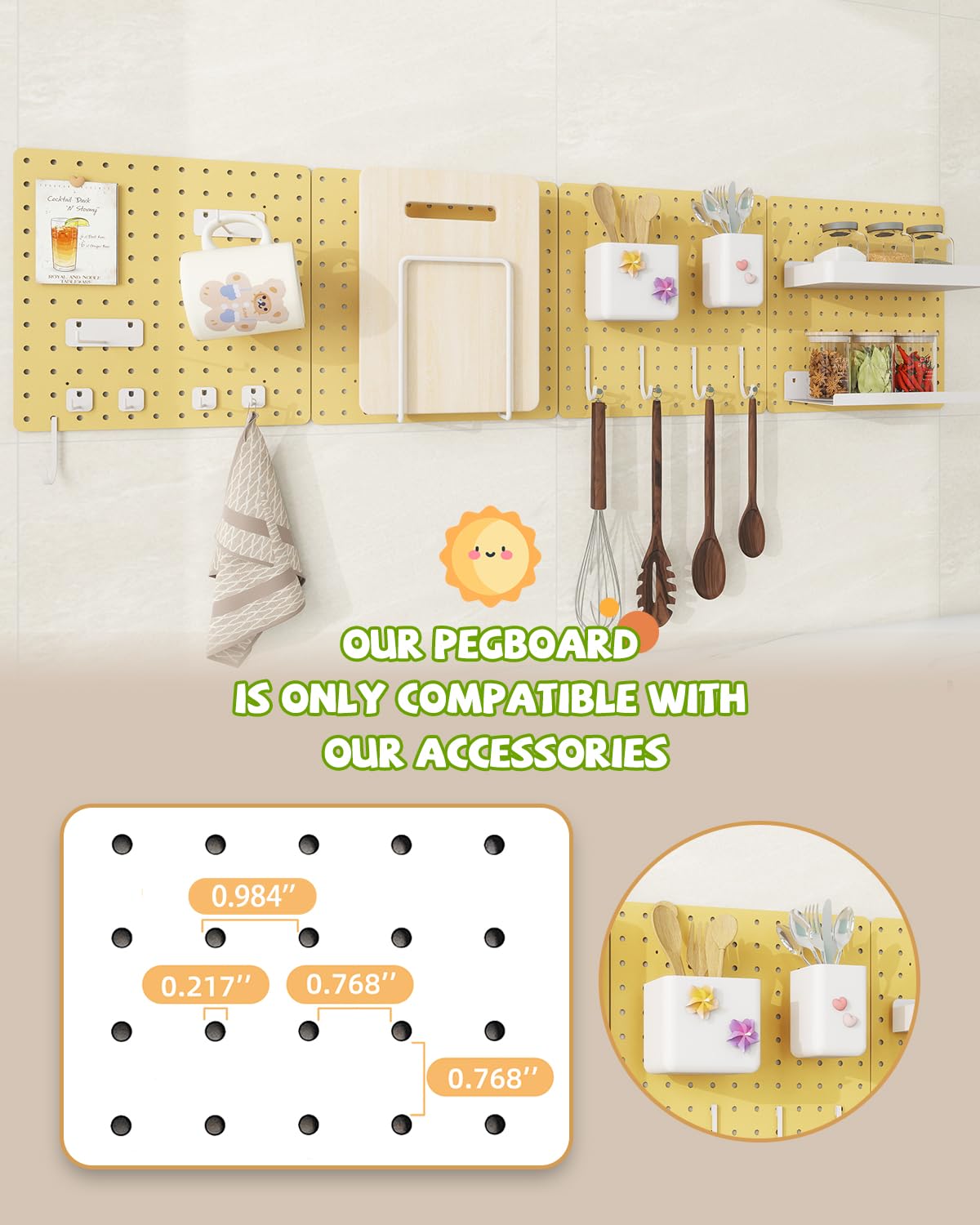 Soubeoii Metal Pegboard Combination Kit — 4 Carbon Steel Pegboards with 26 Accessories, Pegboard Wall Organizer for Home, Office, Study Room, Kitchen, Garage & Craft Room — 24″ × 24″ Yellow Peg Board