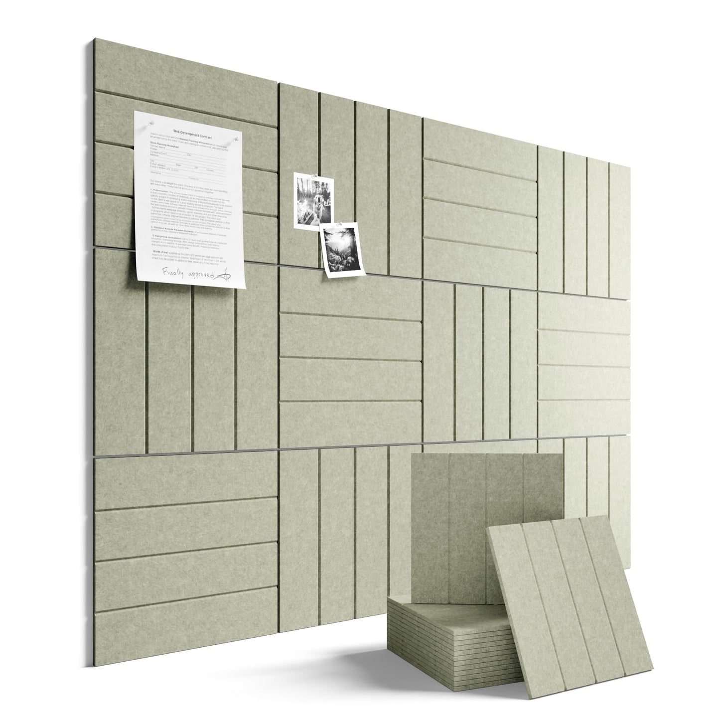 Fluxynara Felt Bulletin Board Tiles Large 48" x 36" Cork Board Alternative-12 Pack with 70 Adhesive Tabs, Thick Slat Wall Panels for Office Decor, Push Pin Board Wall Organizer Alternative-Sage Green
