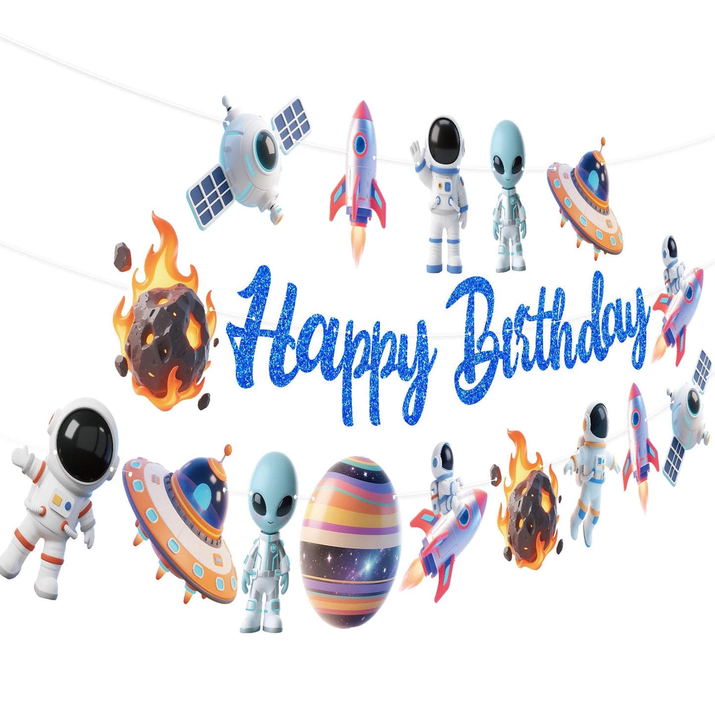 Outer Space Party Banners 3Pcs Happy Birthday Blue Astronaut Ship Garland Banners for Boy Girls Solar System Theme Baby Shower Birthday Party Supplies