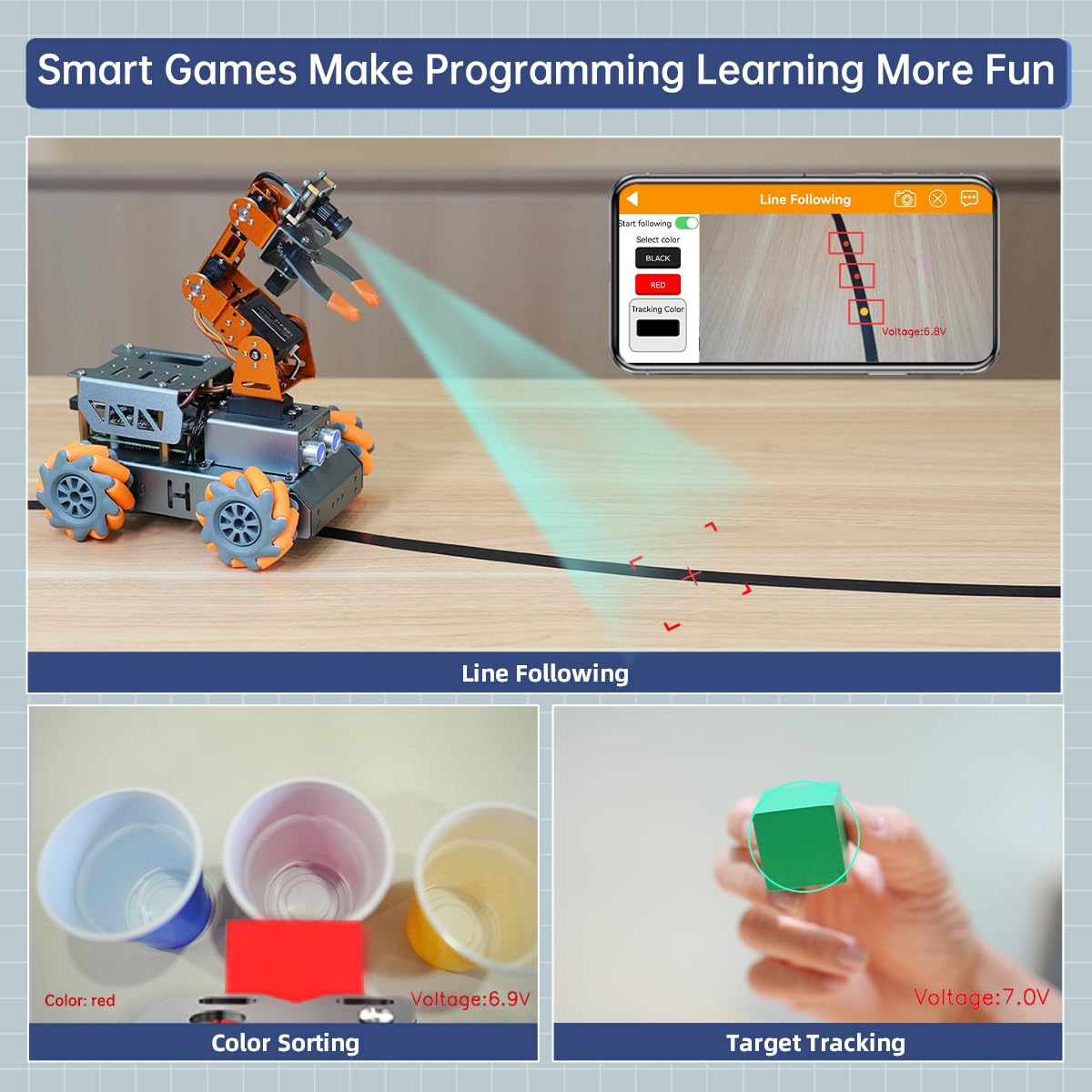 MasterPi 5DOF Robotic Arm for RaspberryPi 5 AI Vision Tracking Target Sorting Line Follow Open Source Programming Smart Robot Car Kit for Teen Adult STEM Educational Building Robot, with RPi 5 4GB