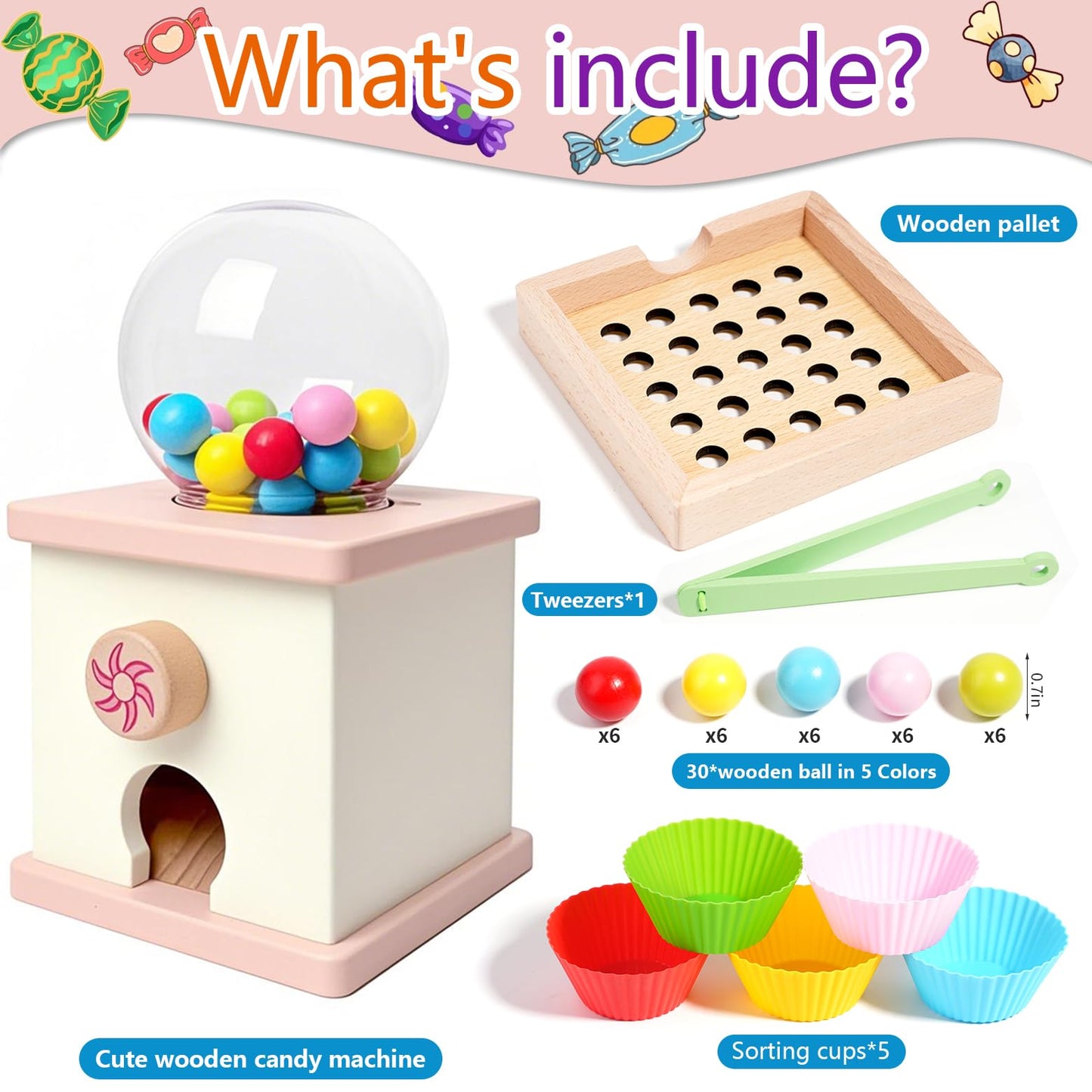 QimuMku 9.6" Wooden Gumball Machine Counting Montessori Toys for 3 4 5 Years Old Boys Girls, Toddler Preschool Learning Activities Toy for Kids Ages 4-8, Birthday Gifts Sensory Toys