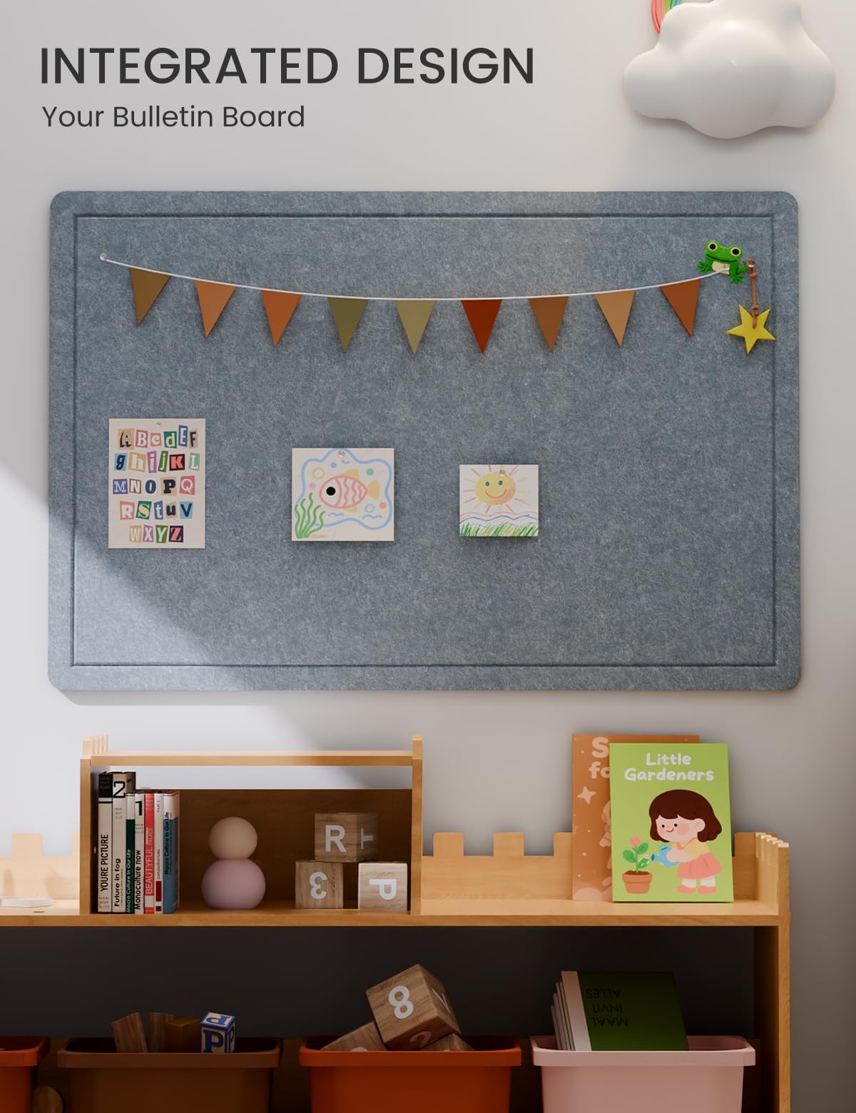 Fluxynara Bulletin Board,35.4" x 23.6" Cork Board Alternative with 12 Safe Removable Adhesive Tabs, Foldable Felt Pin Board for Home Office, Classroom, Bedroom,Entryway for Walls—Blue Gray