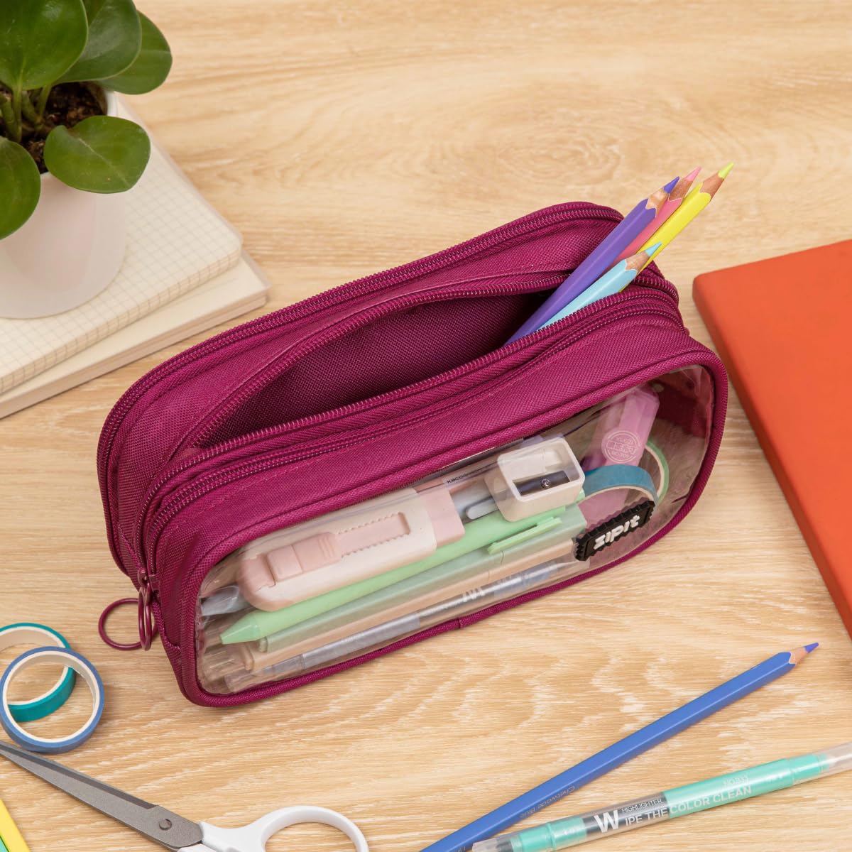 ZIPIT Half & Half Pencil Case for Girls, 3 Compartment Zipper Pouch for School, Stationery Bag for Teen and Adults, Pink