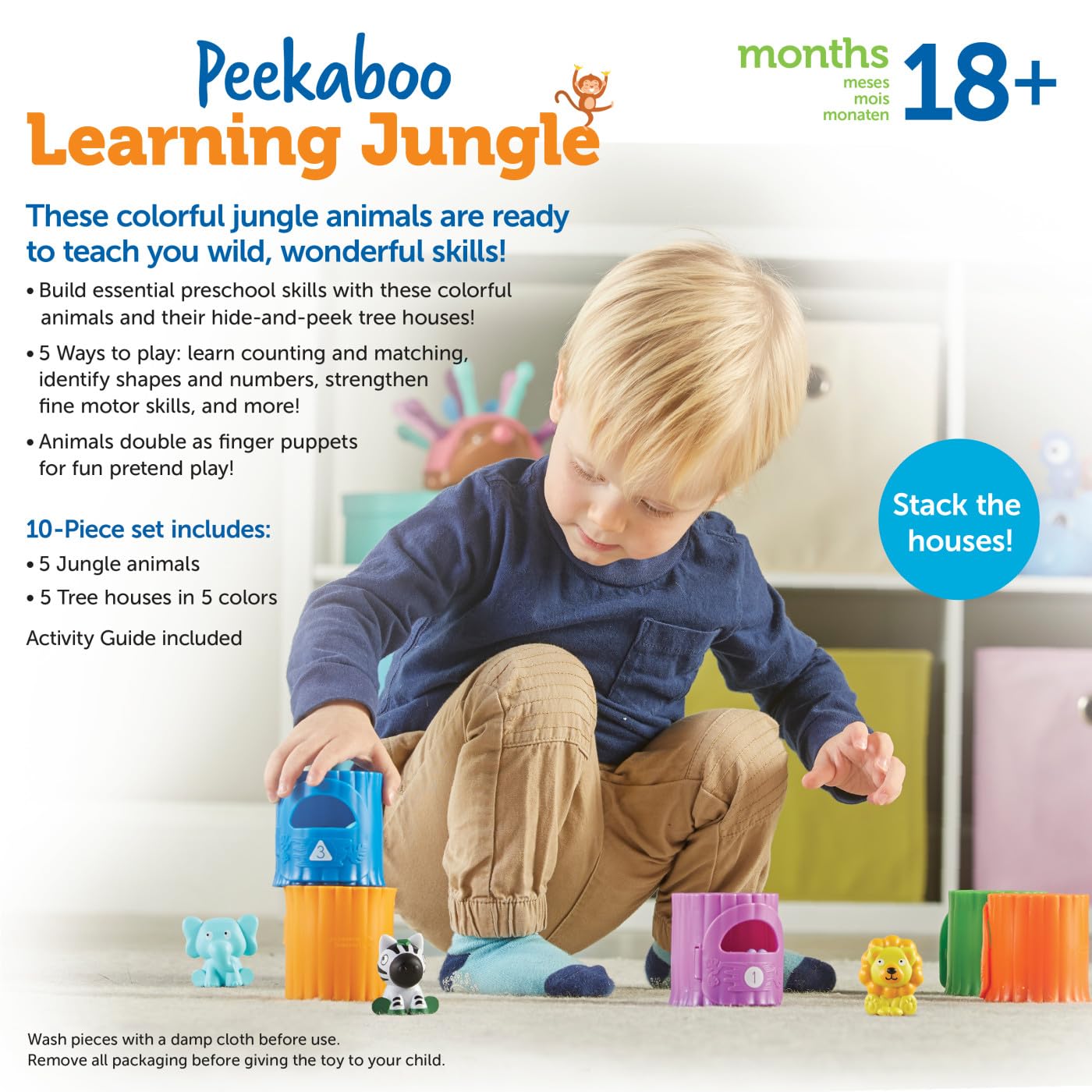 Learning Resources Peekaboo Learning Jungle Toddler - 10 Pieces, Ages 18 Months +, Toddler Montessori Toys, Stacking Shape, Sorting and Matching Skill, Educational Games