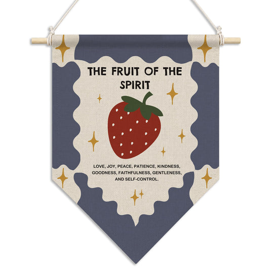 RUKUPA Christian Strawberry Wall Art Decor, the Fruit of the Spirit Bible Verse Hanging Pennant Flag, Religious Wall Art Poster Hanger for Home Bedroom Living Room Kitchen Girls Room Decor, 11x15 Inch