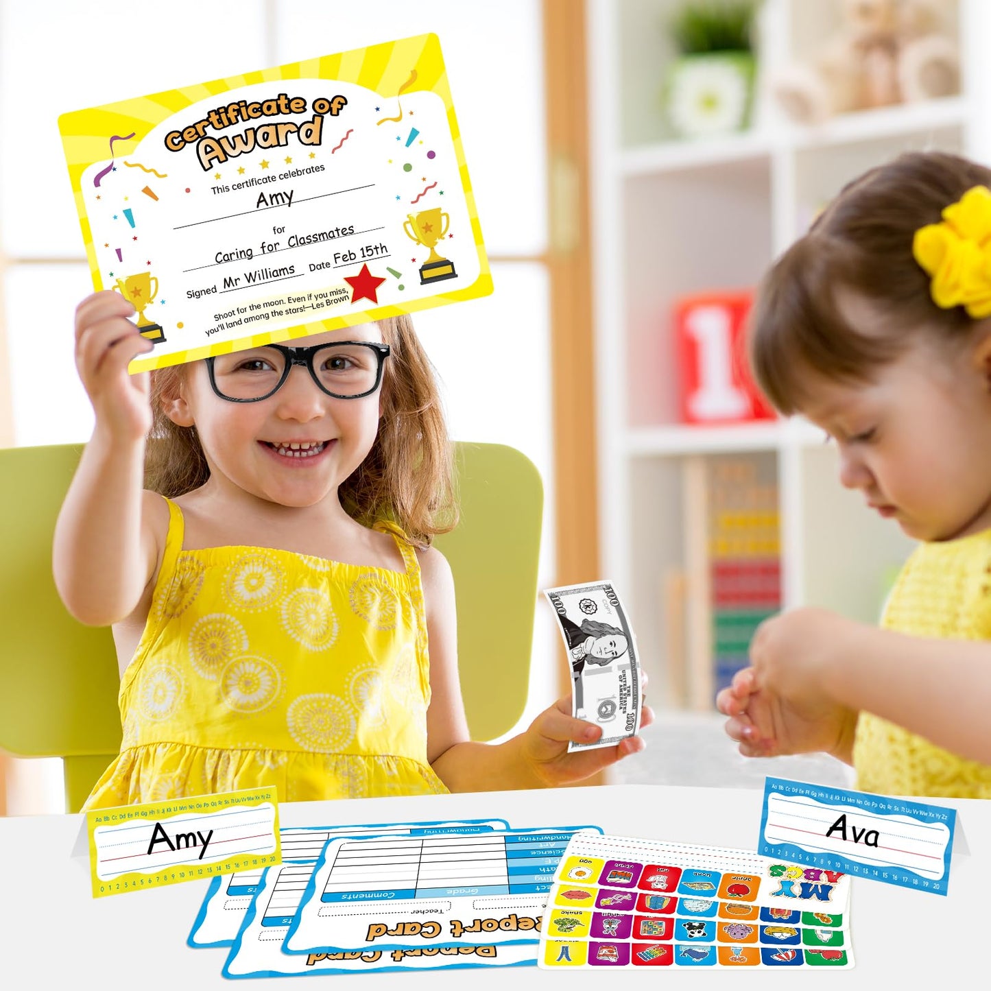 Edulok 115 PCS Pretend Play Teacher Set for Kids, with Magnetic Numbers, Bell, Money Games, Alphabet Posters, USA Maps, Learning Education Toys Kindergarten Classroom School Supplies Toys Playset Kit