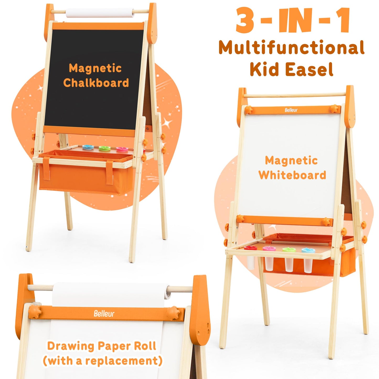 Belleur All-in-One Art Easel for Kids, Adjustable Double Sided Easel for Toddlers with Magnetic Whiteboard & Dry-Erase Chalk Board & Paper Roll, Child Painting Easel for Kid 2-8 Birthday Gift-Orange