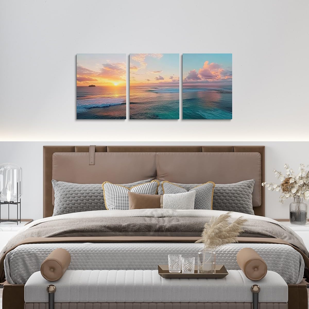 jejeloiu Ocean Canvas Wall Art for Living Room Bedroom 12"x16"x3pcs Beach Coastal Picture Wall Decor for Bathroom Nature Scene Sunset Office Decorations Artwork Posters Hawaiian Summer Beach Painting