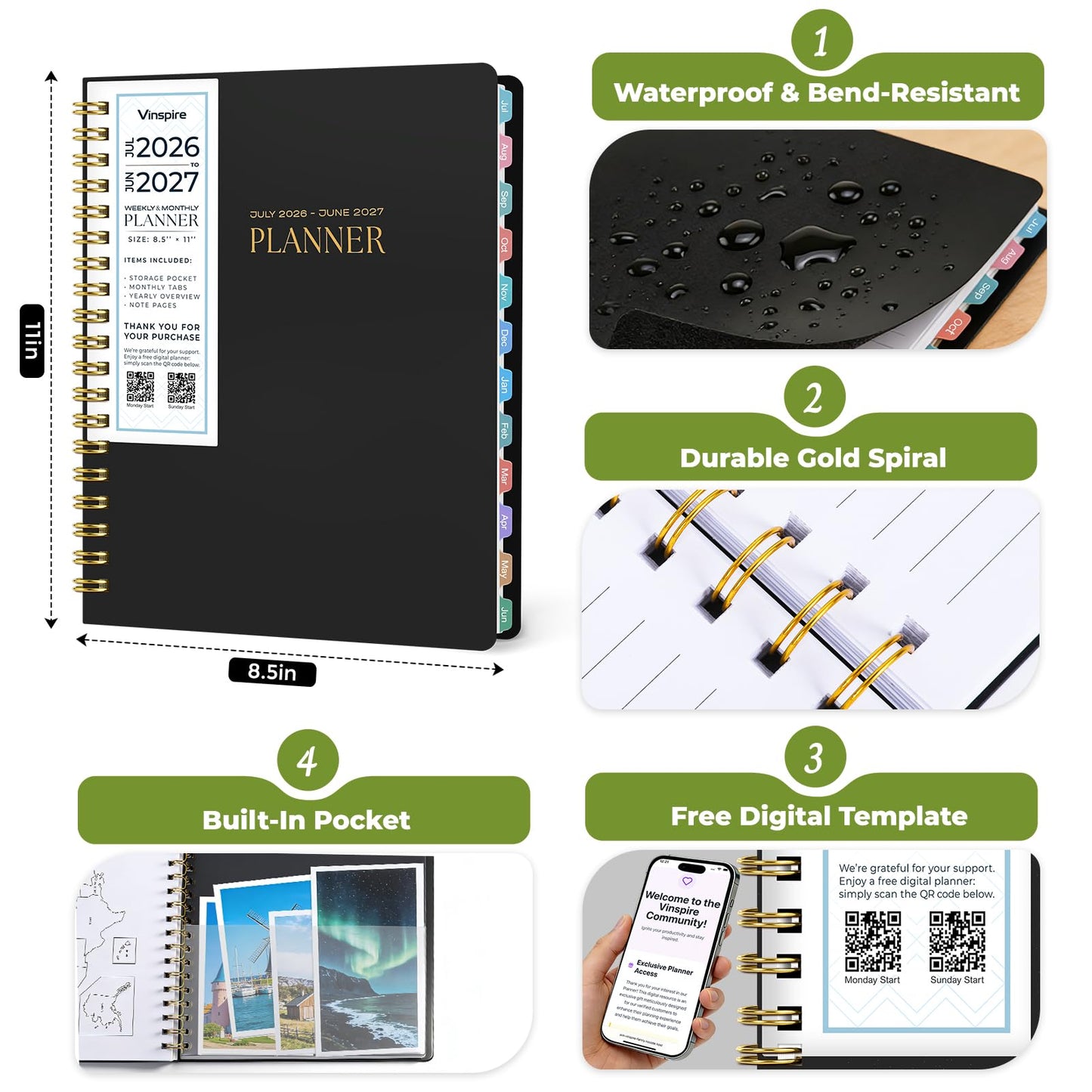 Vinspire 2026 Planner - Yearly, Monthly, and Weekly Planner 2026-2027 for Teachers & Students - Spiral US Academic Year Student Calendar Planners with Notes Pages 2026 Planner Weekly and Monthly - Large (Black, 8.5"×11")