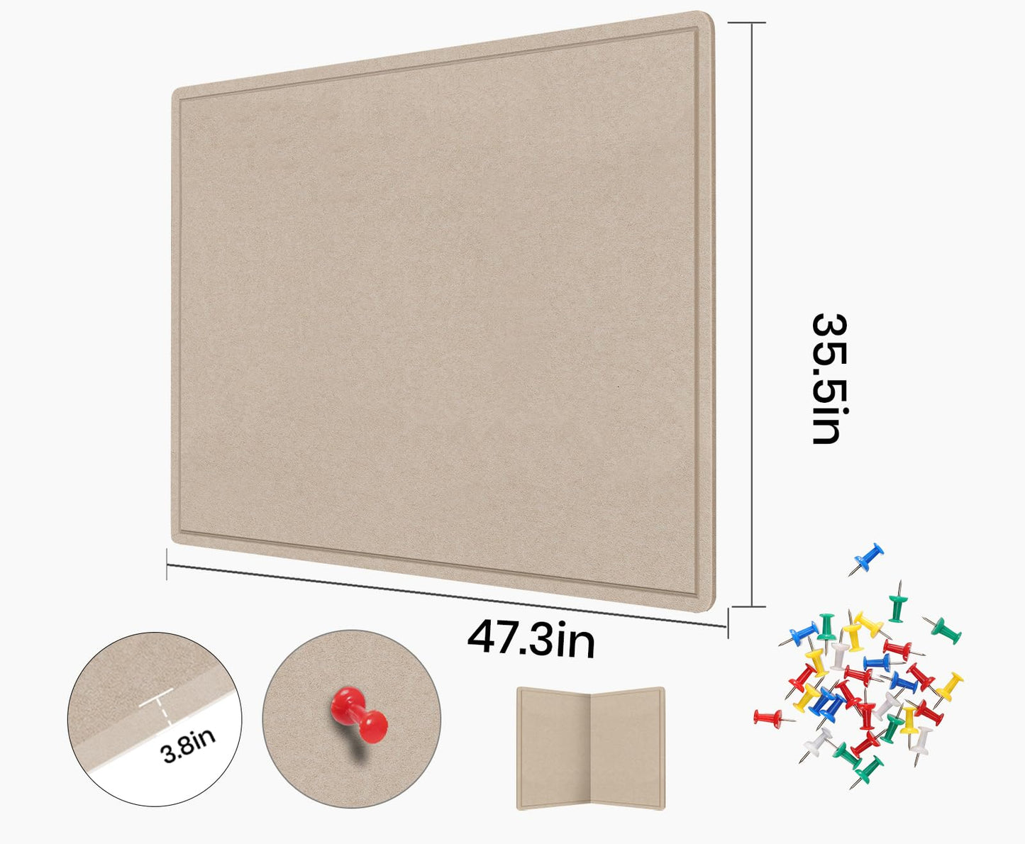 Large Bulletin Board, 48 X 36 inches Felt Board Notice Pin Board, 4' x 3'Cork Board Alternative for Wall, Self-Adhesive Vision Board Mood Board Foldable Photo Board with 30 Pushpin (Beige Brown)