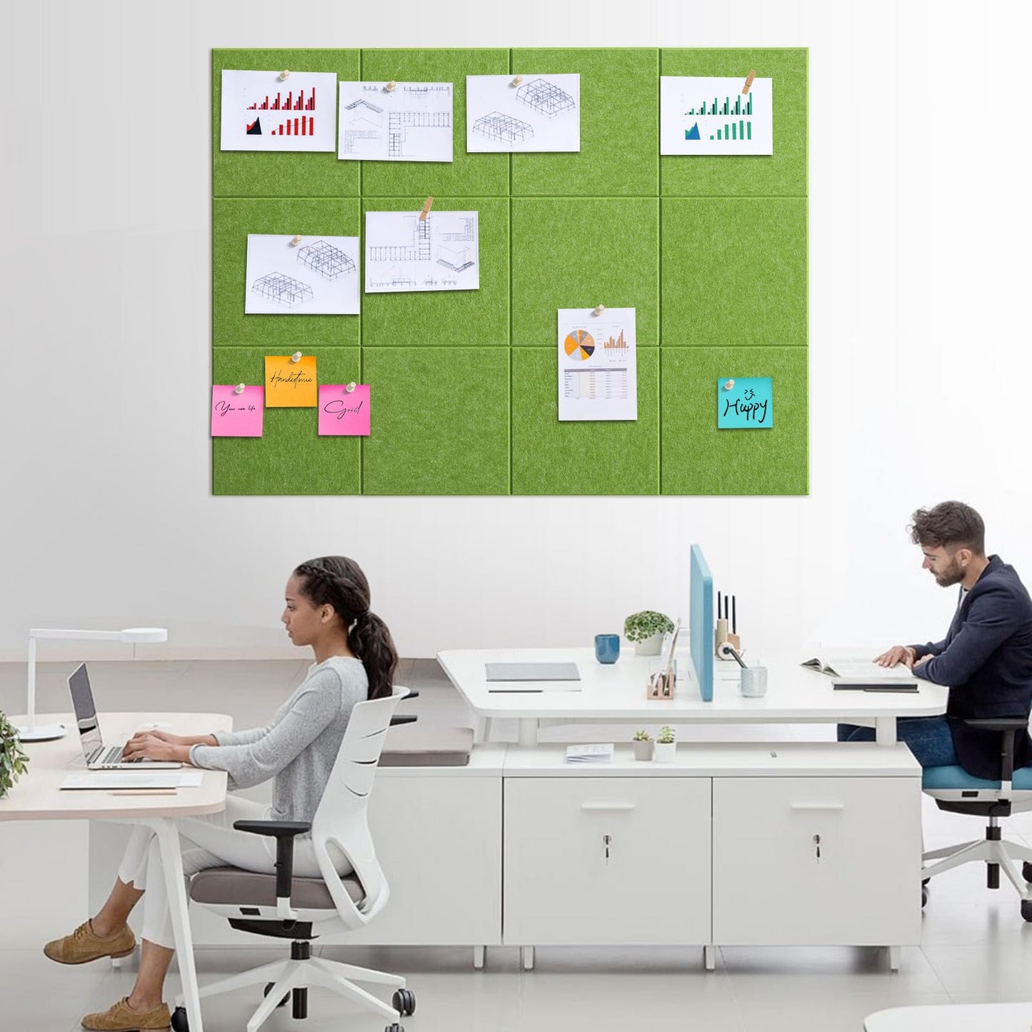 Bounmer Large Bulletin Board 48" x 36" - 12 Pack Felt Wall Tiles with 60 Pcs Safe Removable Adhesive Tabs & 30 Pcs Pushpins, Cork Board for Office, School (Green)
