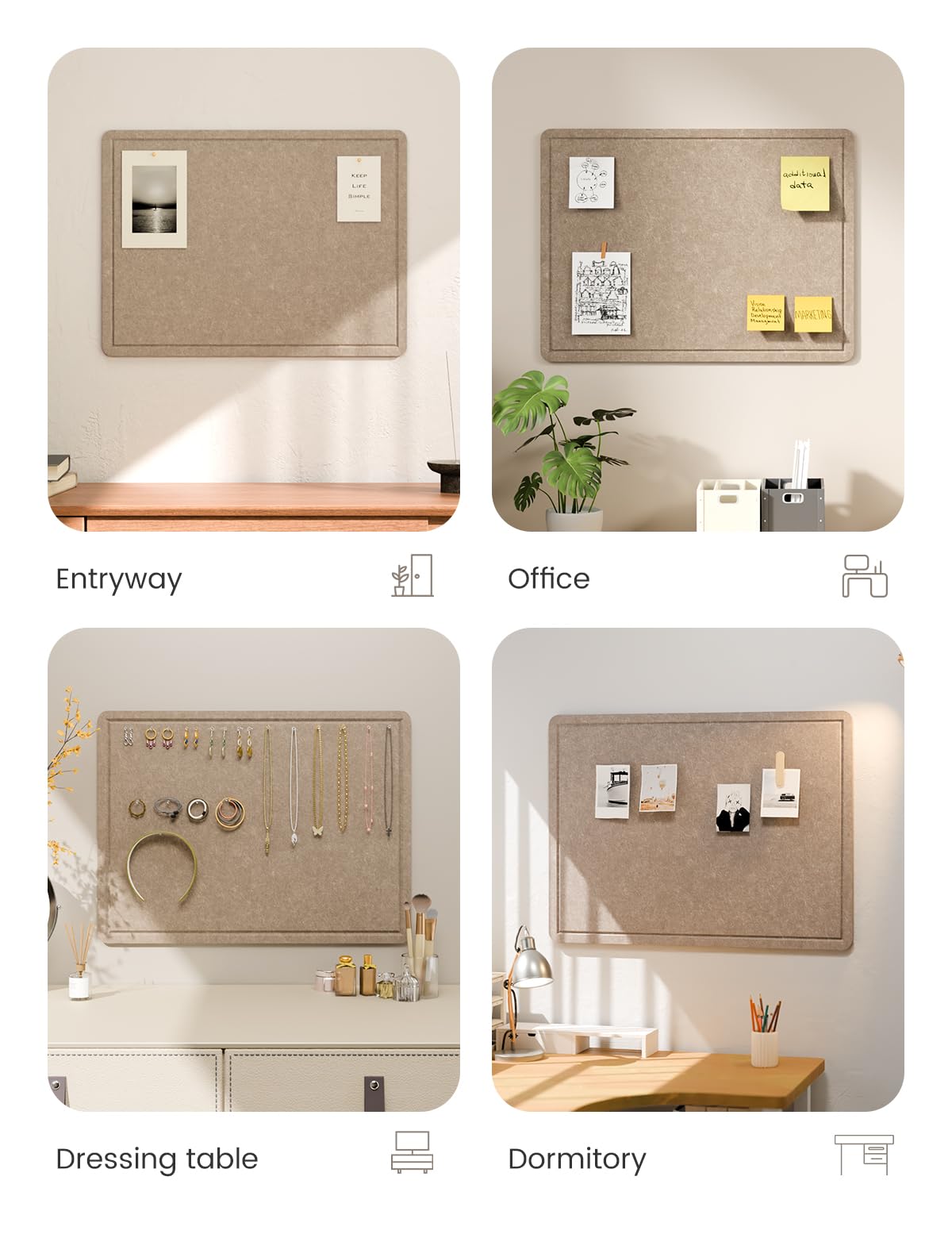 Fluxynara Bulletin Board, 23.6" x 17.5" Cork Board Alternative with 12 Safe Removable Adhesive Tabs, Foldable Felt Pin Board for Home Office, Classroom, Bedroom,Entryway for Walls—Taupe