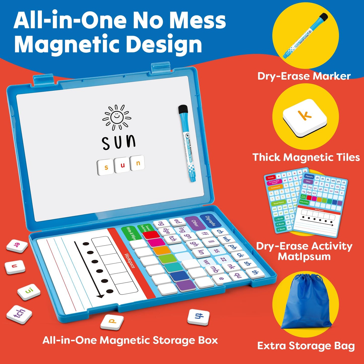 Phonics Magnetic Letter Tiles,Phonics Games Magnetic Letters,Reading Spelling Games with Word Build Boards & All-in-one Storage Case,Word Family Build Game for Preschool Pre k Kindergarten Classroom