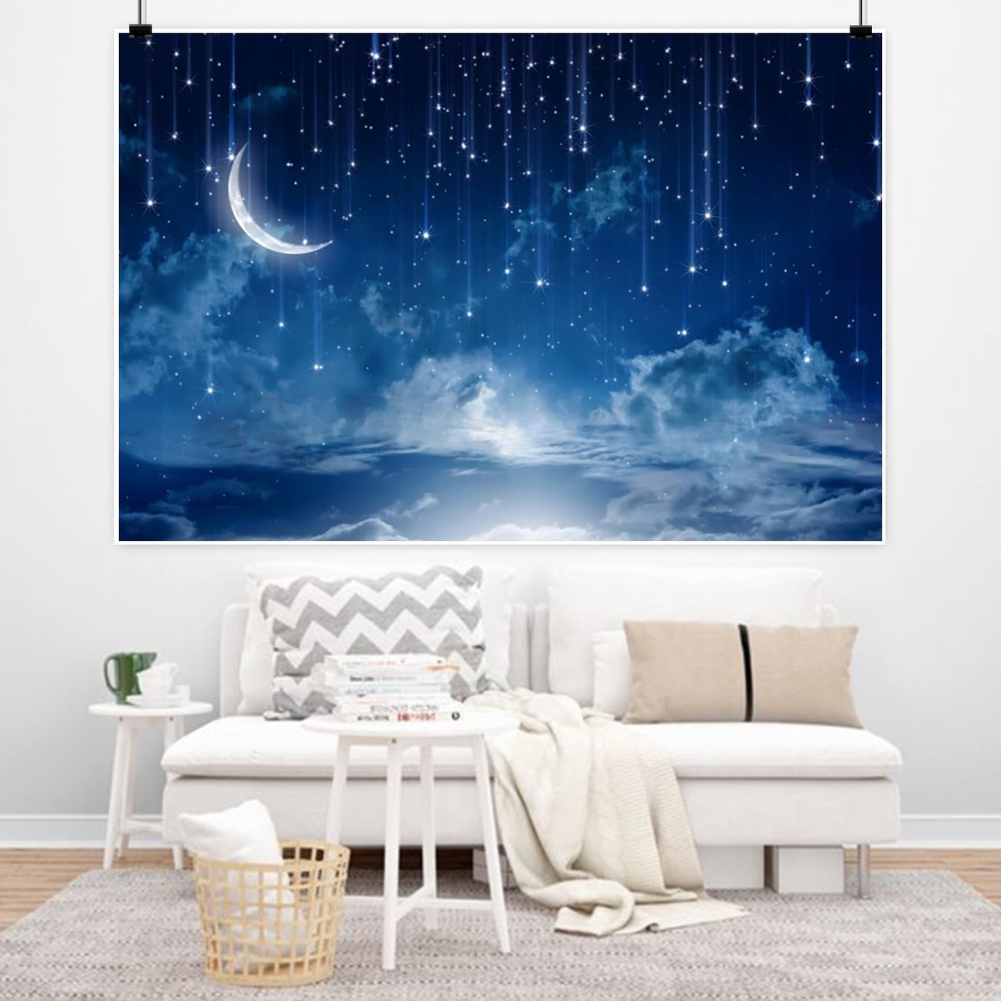 Renaiss 7x5ft Shooting Star Backdrop Blue Galaxy Starburst Curved Moon Background Cosmic Nebula Constellation Celestial Photo Backdrop Twinkle Star Meteor Baby Shower Kids Birthday Party Supplies