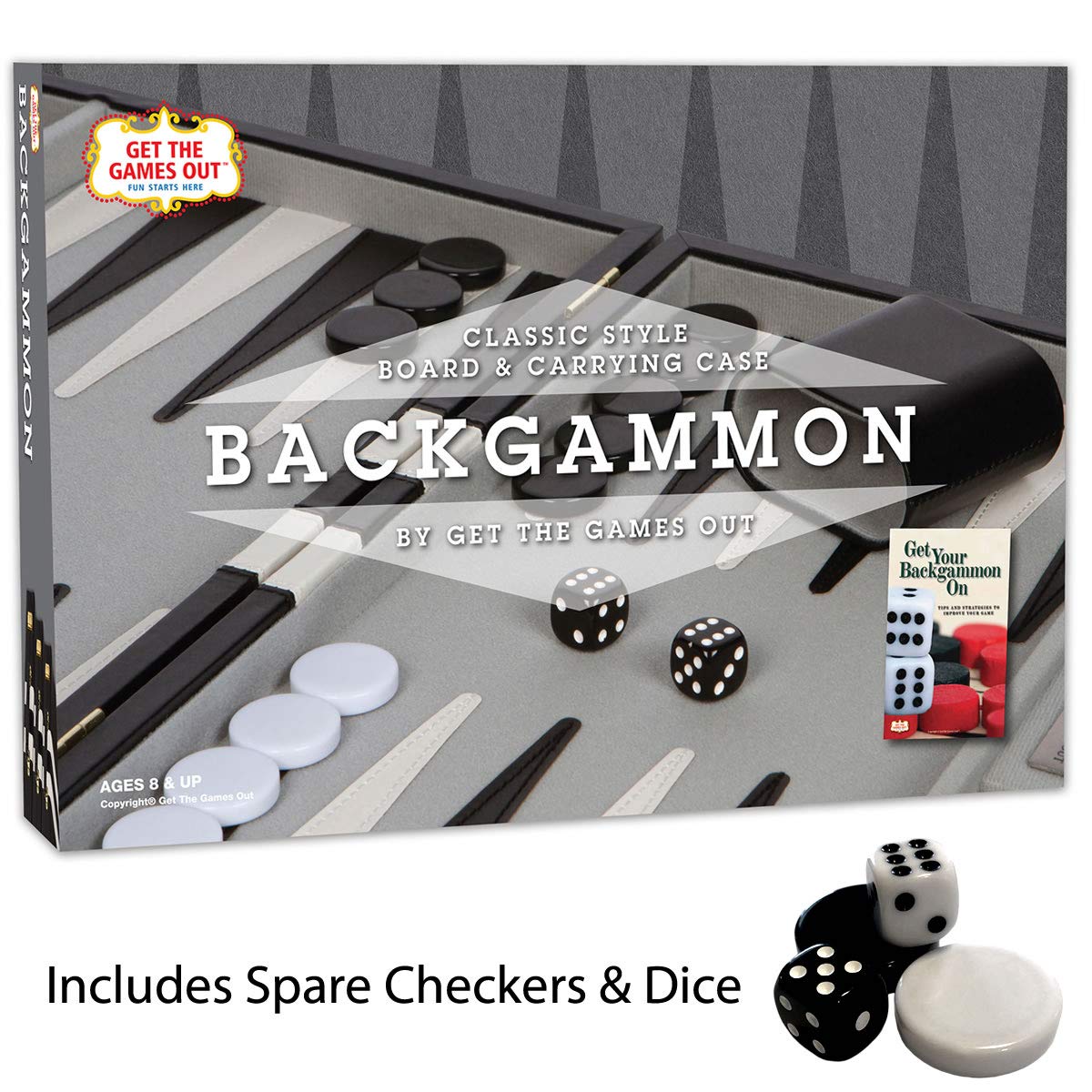 Get The Games Out Backgammon Set, Classic Board Game Case, 2 Players, Includes Strategy & Tip Guide, Perfect for Parties and Family Game Nights - Small, Black