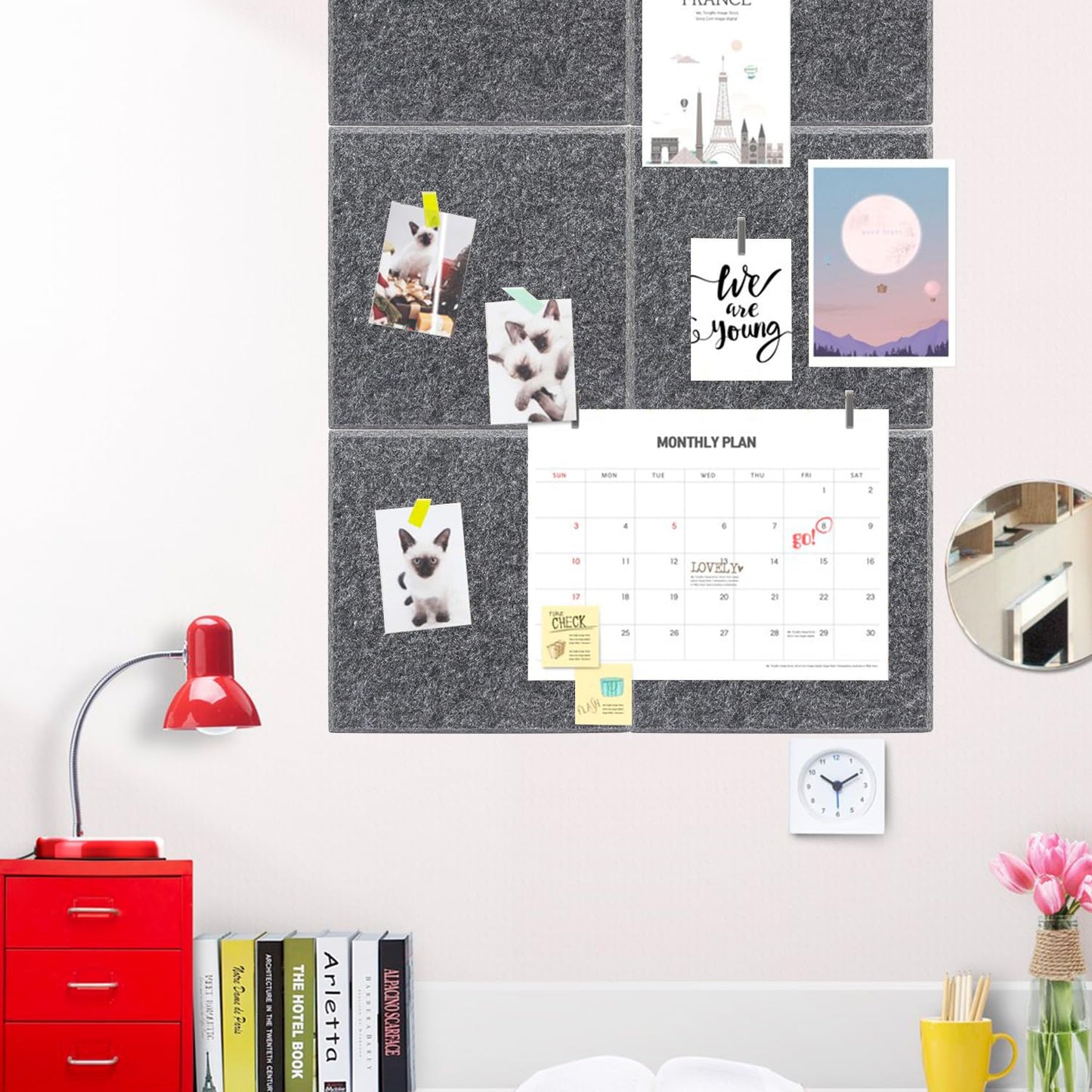Geytetqi 12 Pack 12" x 12" Felt Boards, Dark Grey Square Felt Wall Tiles, Self-Adhesive Cork Bulletin Board for Home, Office, and Kitchen Decor(1/2 Inch Thickness)