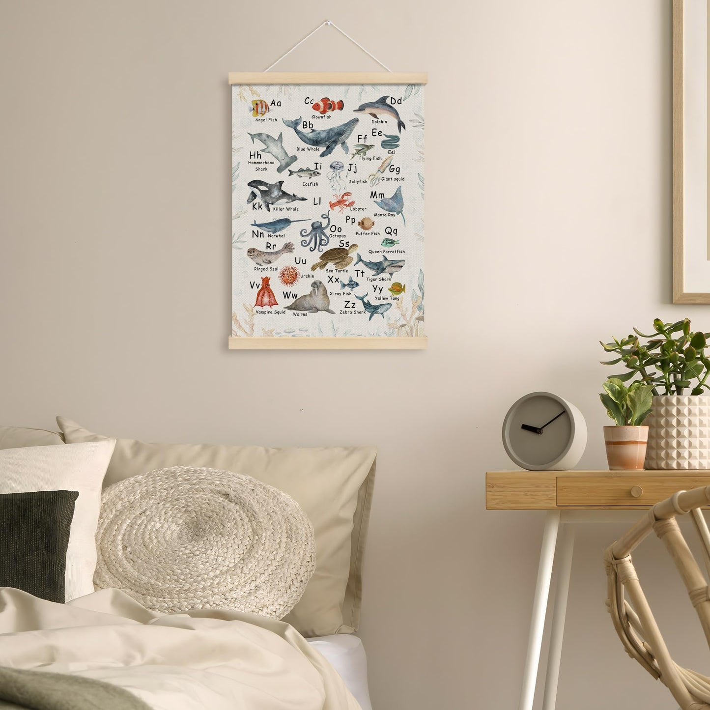 MOTERMATE Ocean Nursery Abc Alphabet Wall Art Poster Chart, Learning Educational Canvas Poster Hanger Frame for Toddlers Classroom, Ocean Under The Sea Nursery Wall Hanging Banner Decor, 12x16 In