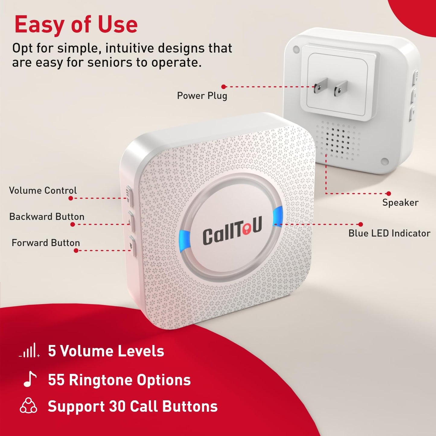 CallToU Wireless Caregiver Pager Call Button Call Bell Medical Alert System for Seniors Patients Elderly at Home 2 Waterproof Transmitters 3 Plugin Receivers