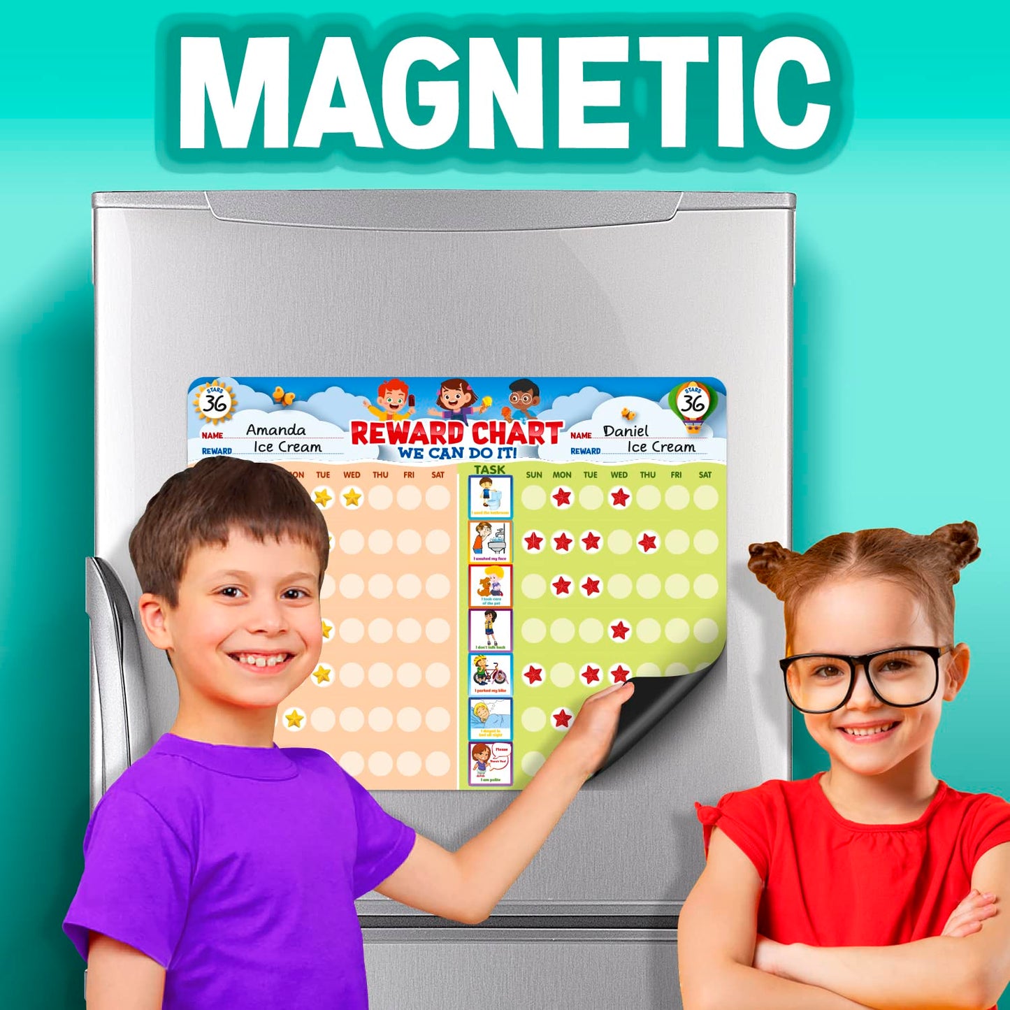 Chore Chart for Multiple Kids, Behavior Incentive for at Home, Dry Erase, and Magnetic Board for 2 Kids, Includes 54 Task Cards
