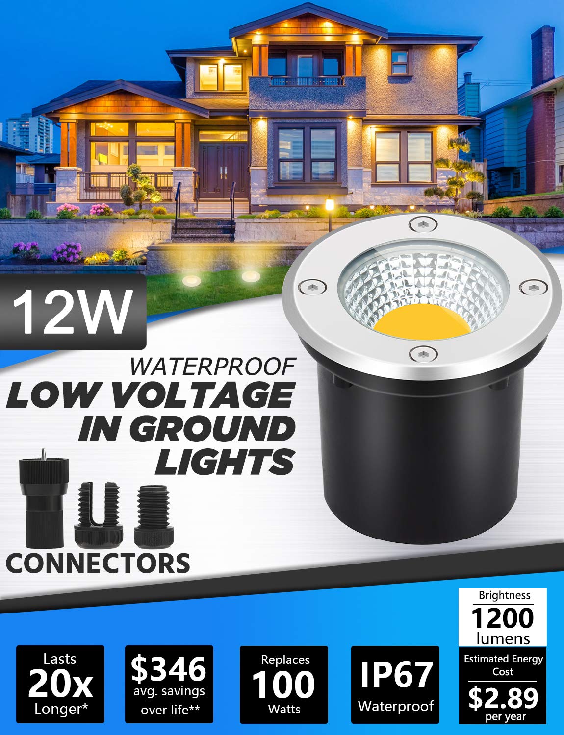 SUNVIE Low Voltage Landscape Well Lights, 12W LED, IP67 Waterproof, 10 Pack with Connectors, Warm White, Black