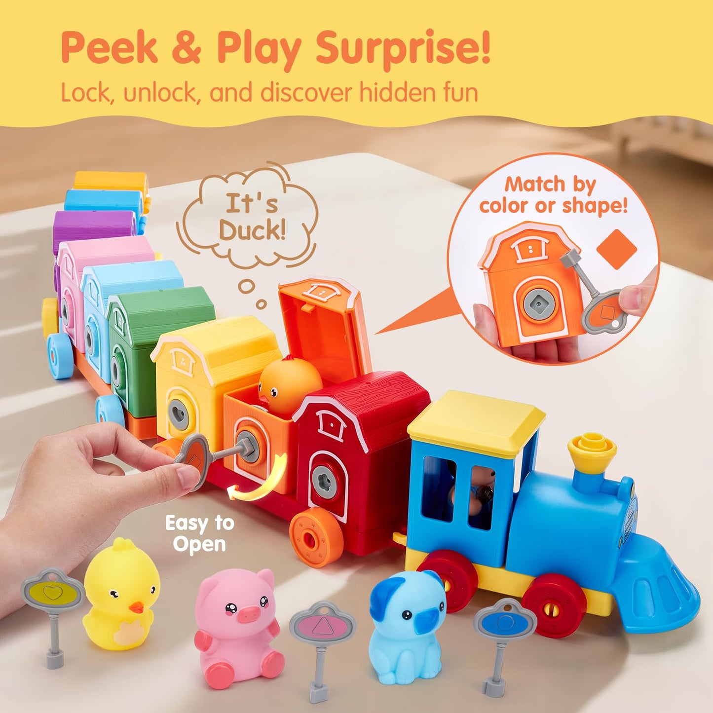 Toddler Learning Toys for 2 3 Year Old-Counting Matching & Sorting Activity Montessori Train Set with Farm Animals Finger Puppets Keys to Lock and Unlock Barn Birthday Gift for Boys Girls 2-5