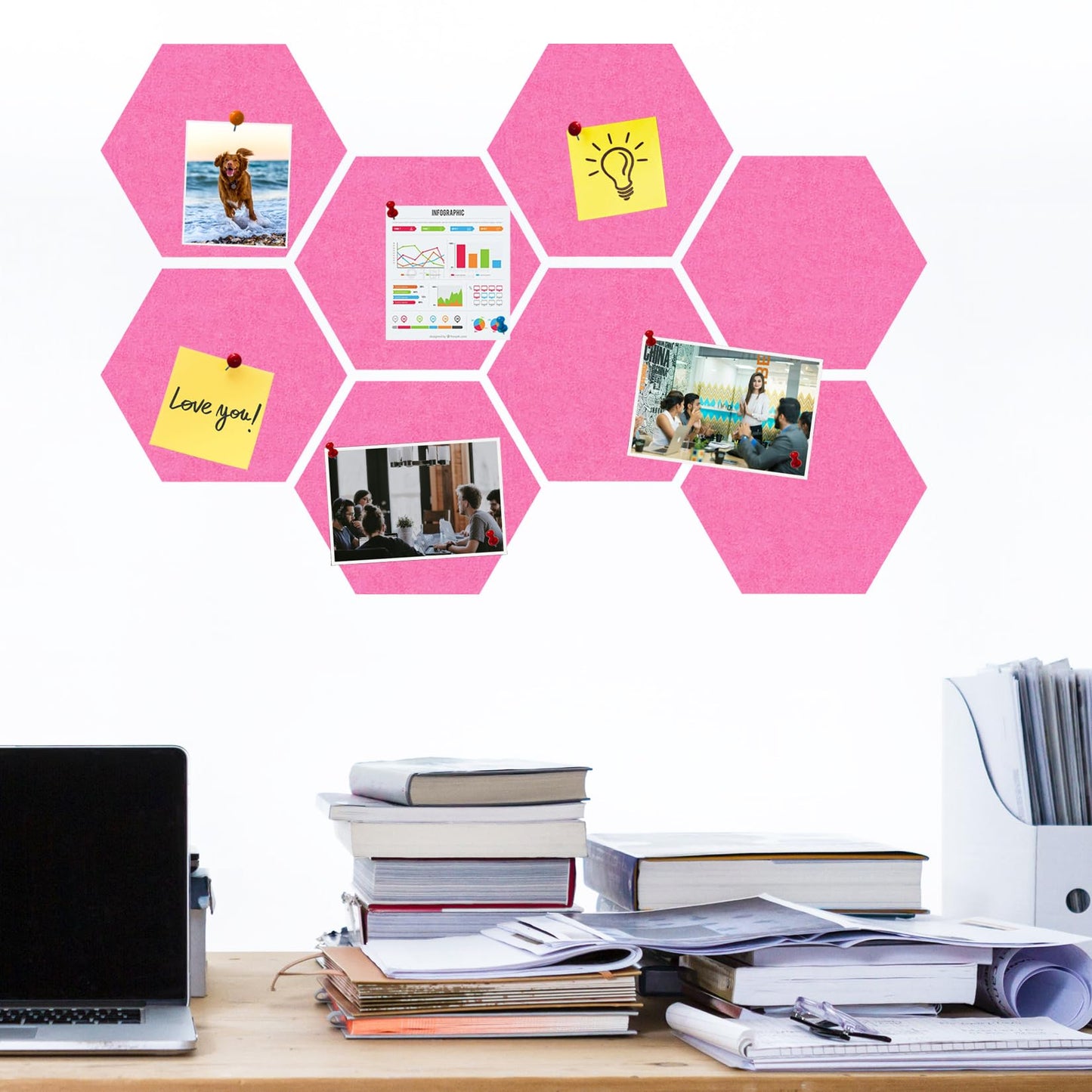 HULAVO Large Hexagon Felt Cork Board Tiles, Self Adhesive DIY Felt Bulletin Board Pin Board with 35 Pushpins for Office School Home Wall Decor Stickers Memos Photos Display(Pink)