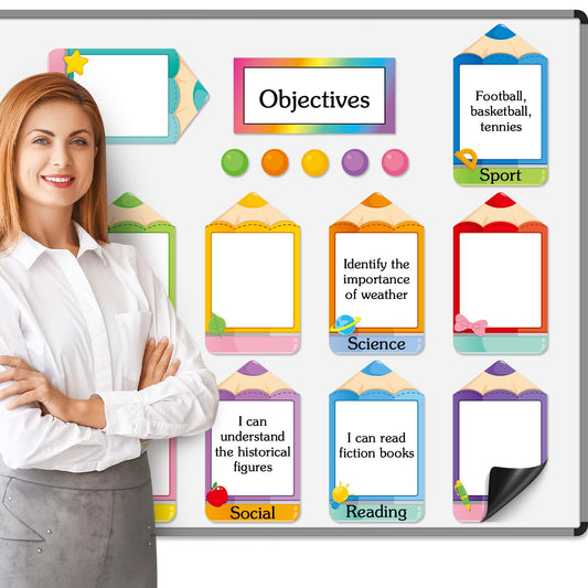 Trandraft 16 Pcs Magnetic Write Wipe Organization Chart Classroom Dry Erase Labels Learning Objectives Board for Whiteboard Goals Targets Classroom Teaching Supplies (Colored Pencil)