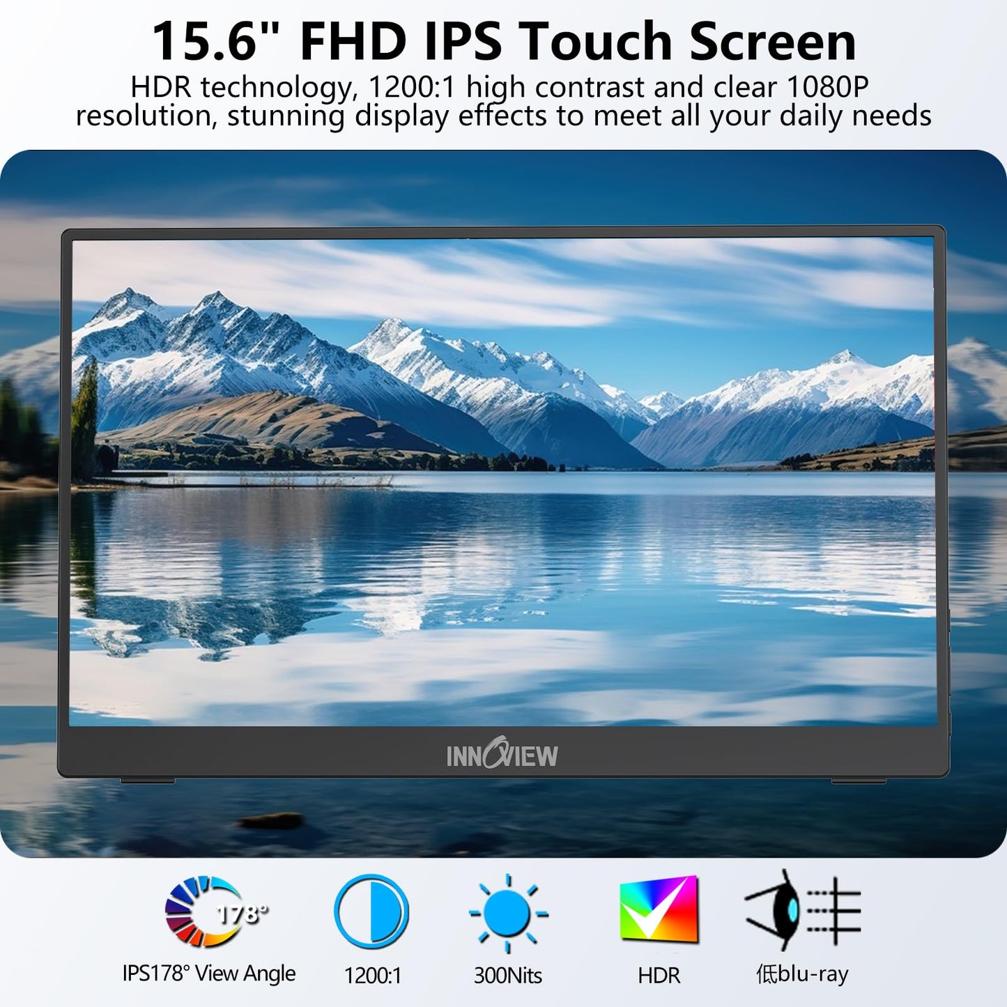 InnoView 15.6" Portable Monitor 60Hz Touchscreen 1080P 10-Point Touch Screen Monitor Portable with Protective Sleeve Built-in Stand, 1200:1 HDMI USB C Travel Monitors for Laptop, PC, Phone