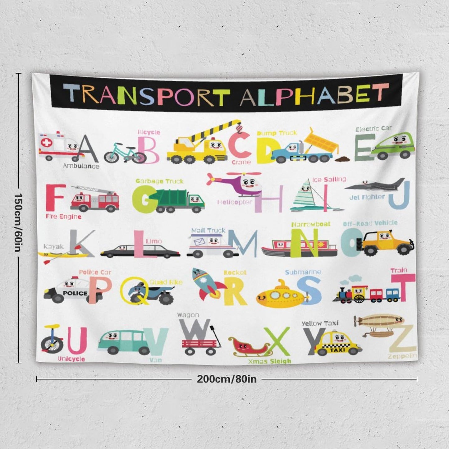DDCBNS Cartoon ABC Alphabet Tapestry for Kids Boys Girls,Cute Car Plane Funny Transportations Print Educational Tapestry Wall Hanging Home Décor for Study Nursery Bedroom Living Room 80" x 60"